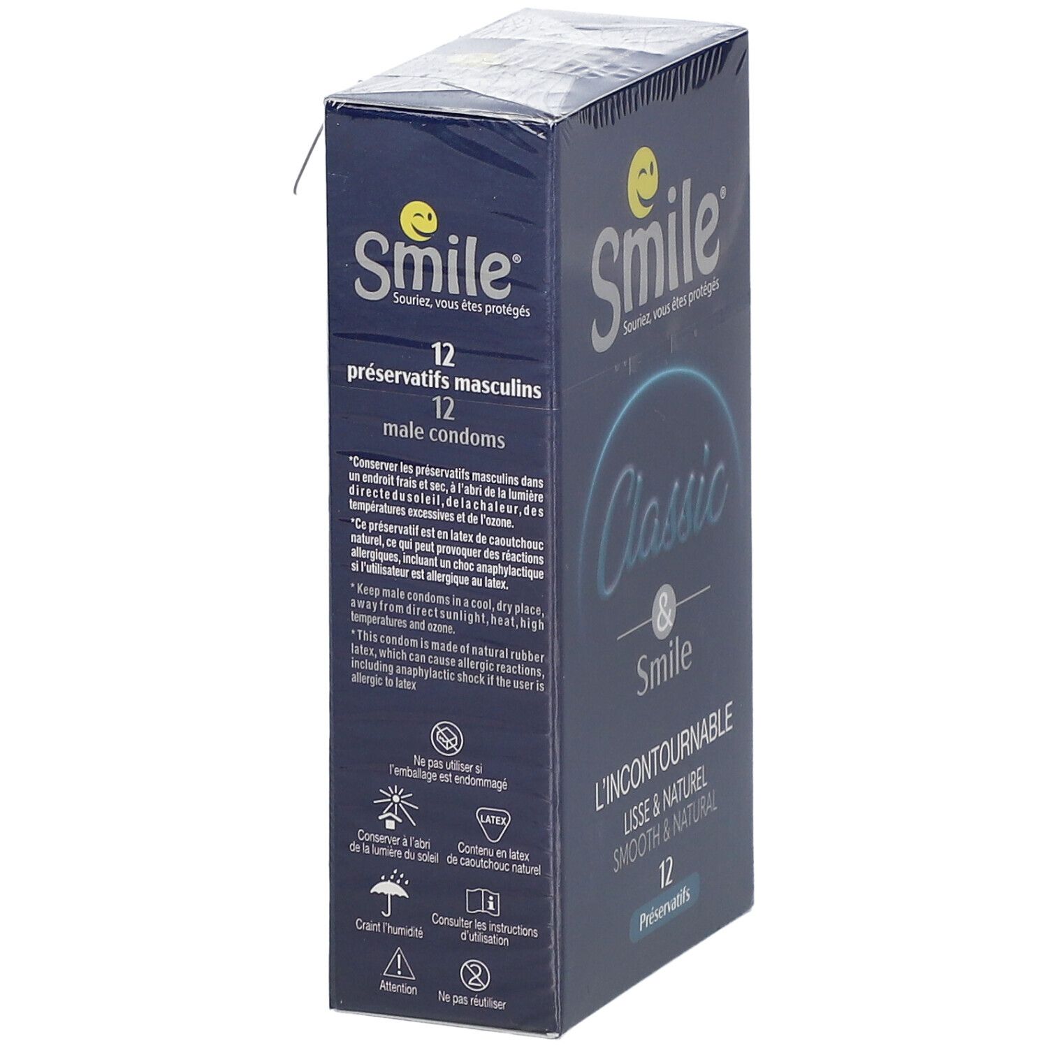 Schachtel mit Smile Classic Kondomen. Aufschrift: 12 Präservative, male condoms. Blaues Design mit Smile-Logo.