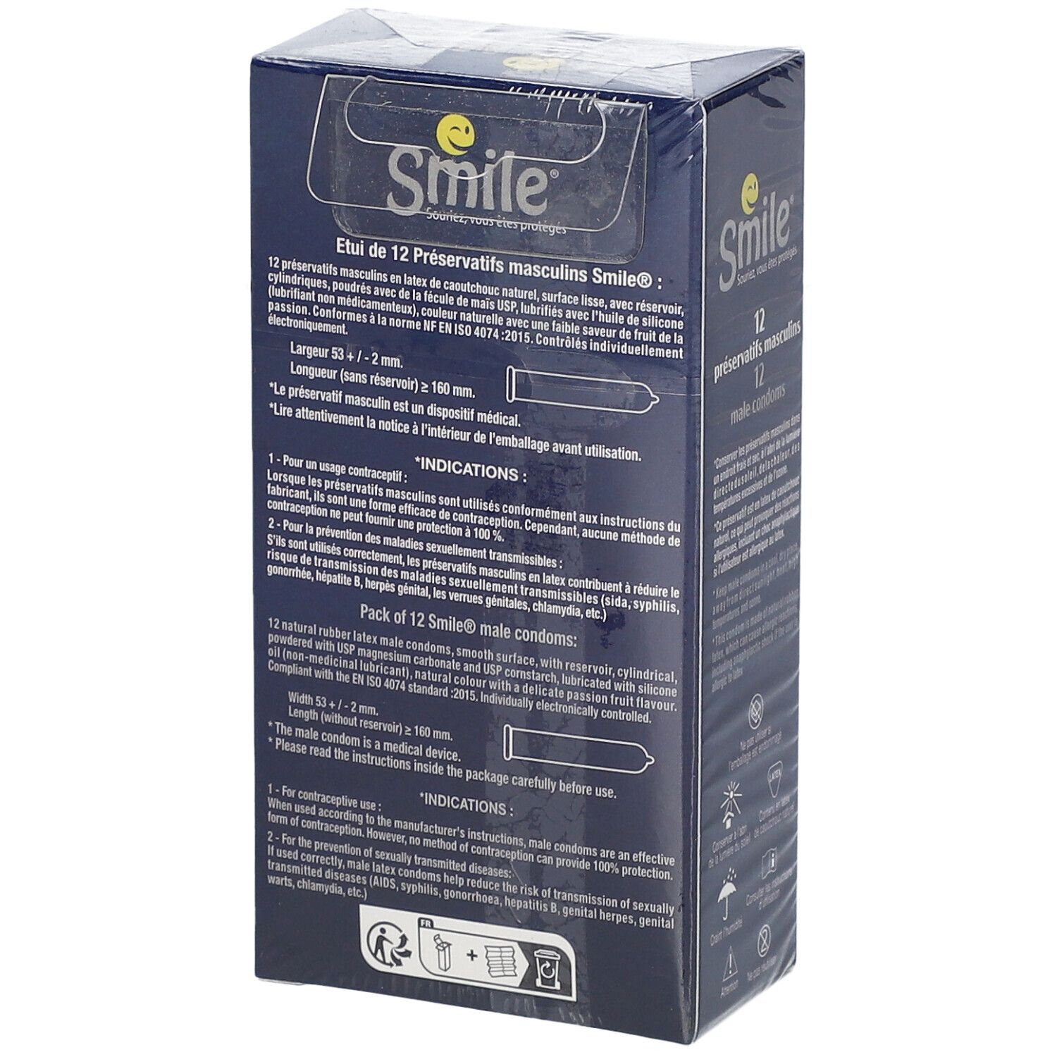 Rückseite der Smile Classic Kondom-Verpackung. Text: 12 Präservative, male condoms. Informationen zu Inhaltsstoffen und Gebrauch.