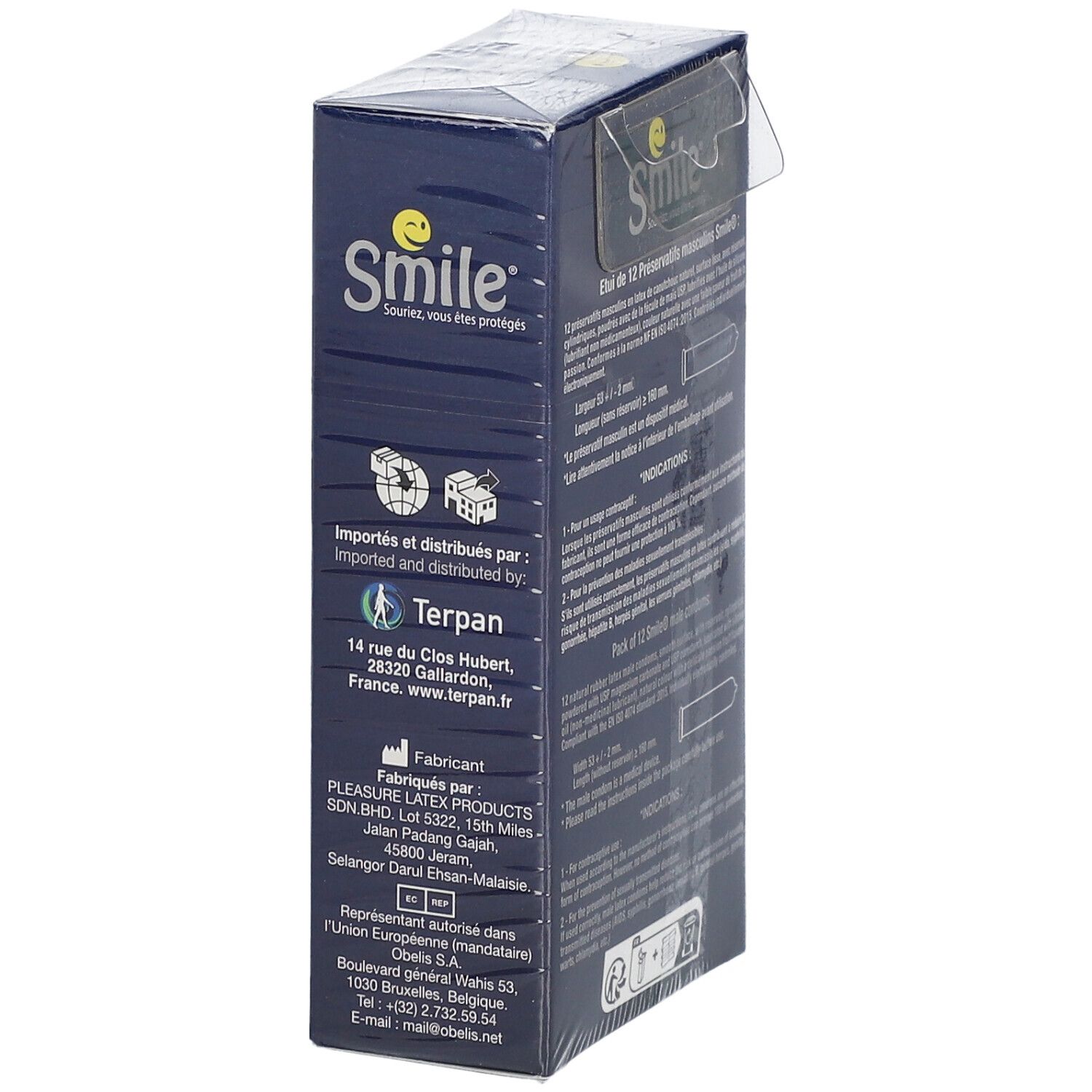 Seite der Smile Classic Kondom-Verpackung. Informationen zu Importeur, Hersteller und Adresse. Terpan-Logo.