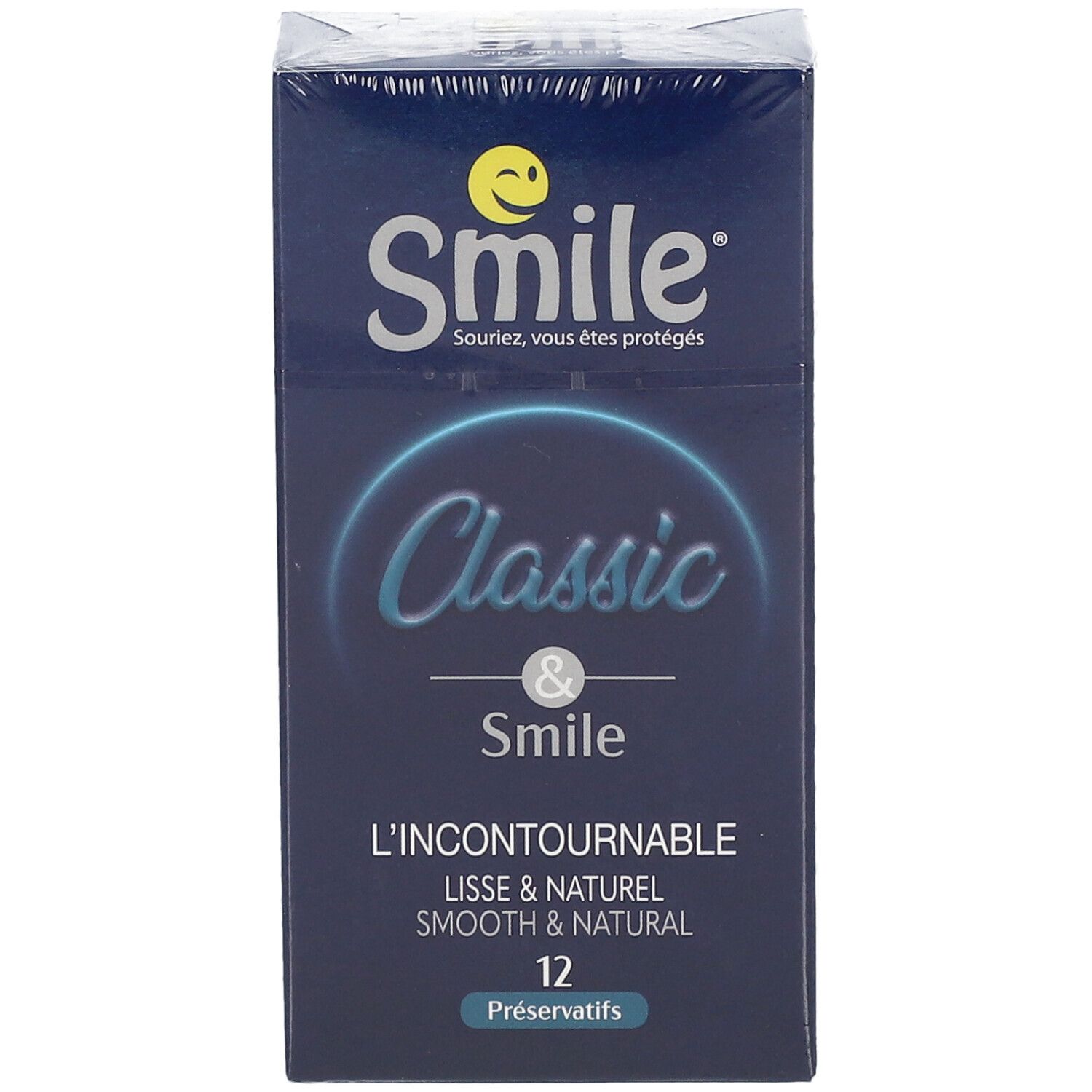 Schachtel mit Smile Classic Kondomen. Aufschrift: Lisse & Naturel, 12 Präservative. Blaues Design mit Smile-Logo.