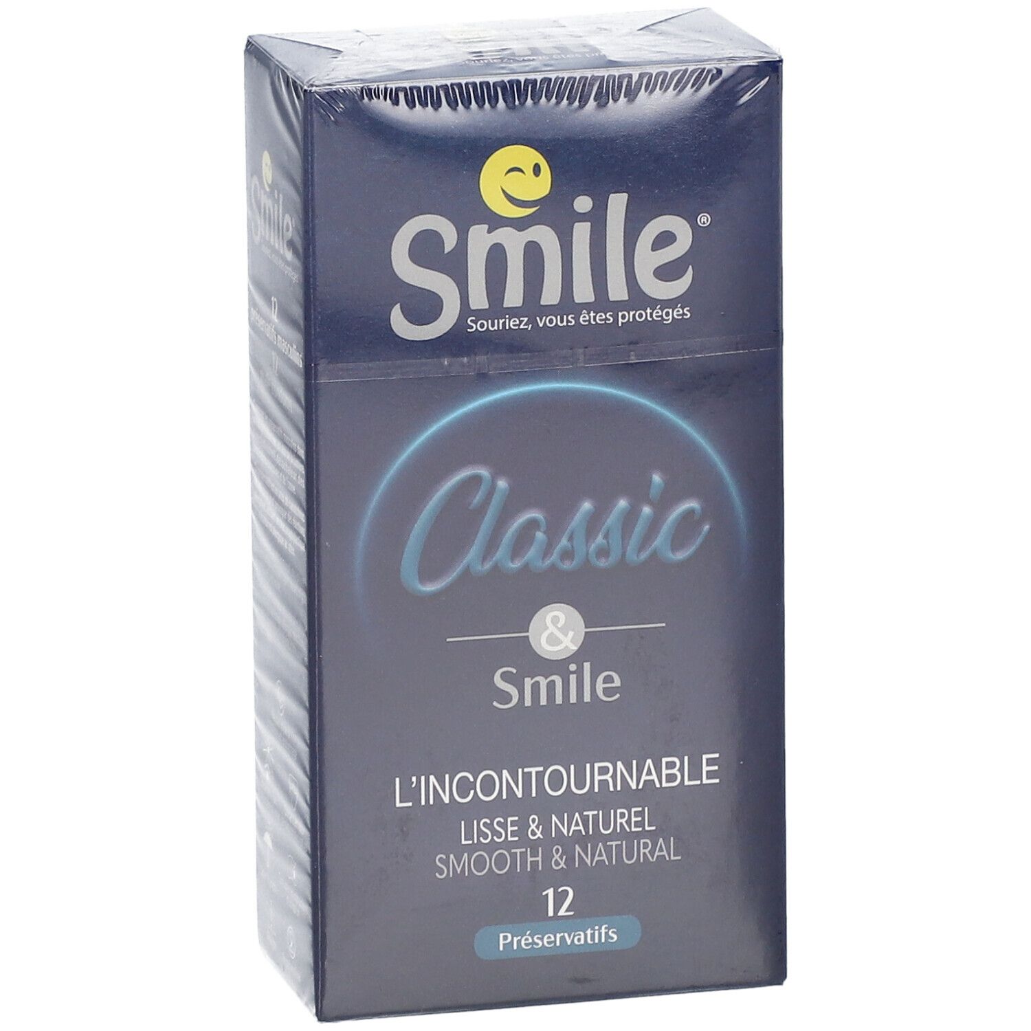 Schachtel mit Smile Classic Kondomen. Aufschrift: Lisse & Naturel, 12 Präservative. Blaues Design mit Smile-Logo.
