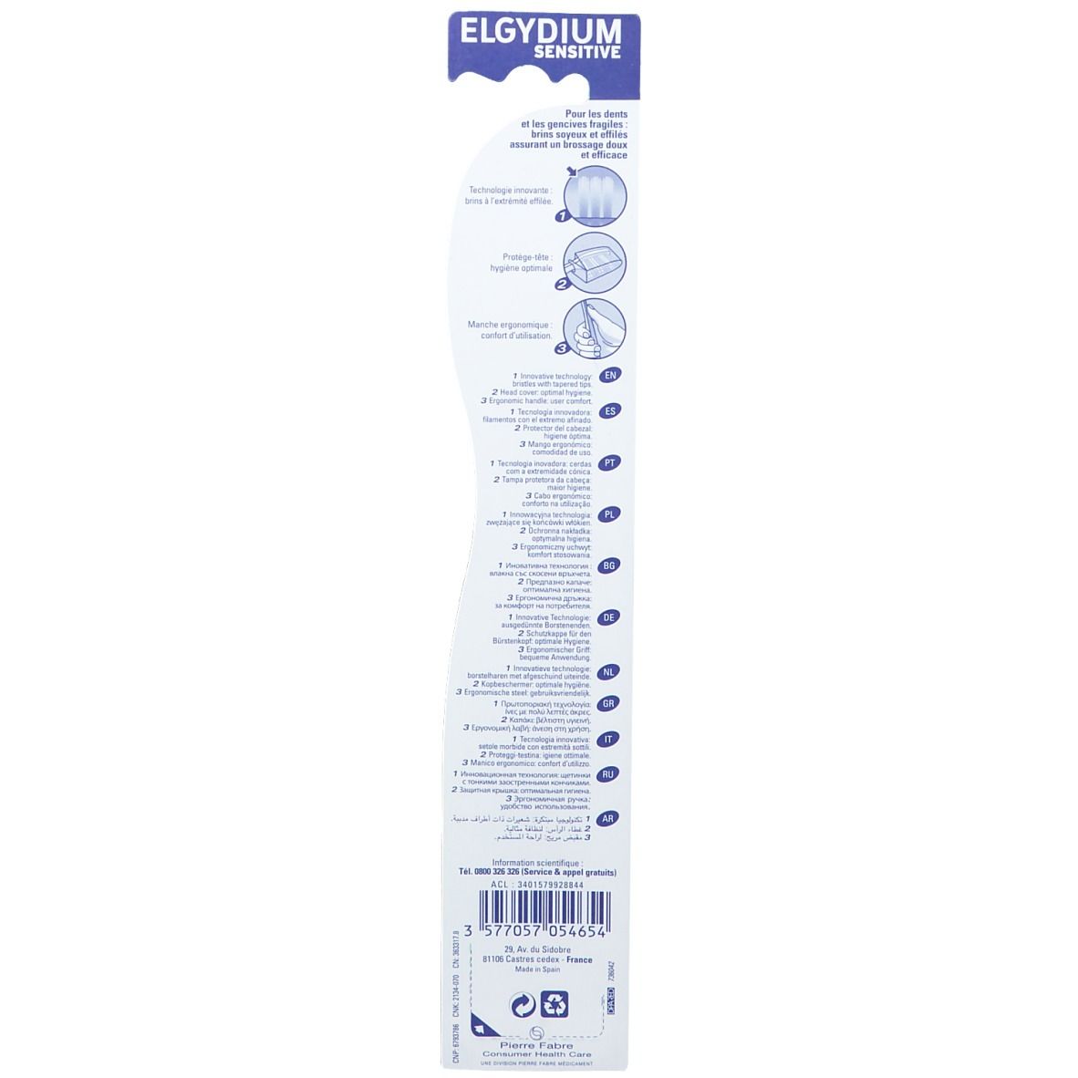 Rückseite der Verpackung mit Produktinformationen und Illustrationen. Aufschrift: ELGYDIUM SENSITIVE. Pierre Fabre ORAL CARE.