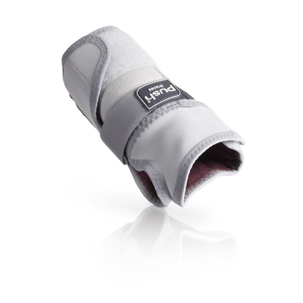 Graue Handgelenkbandage. Weißes Innenfutter. Marke Push braces. Klettverschluss. Für die linke Hand.