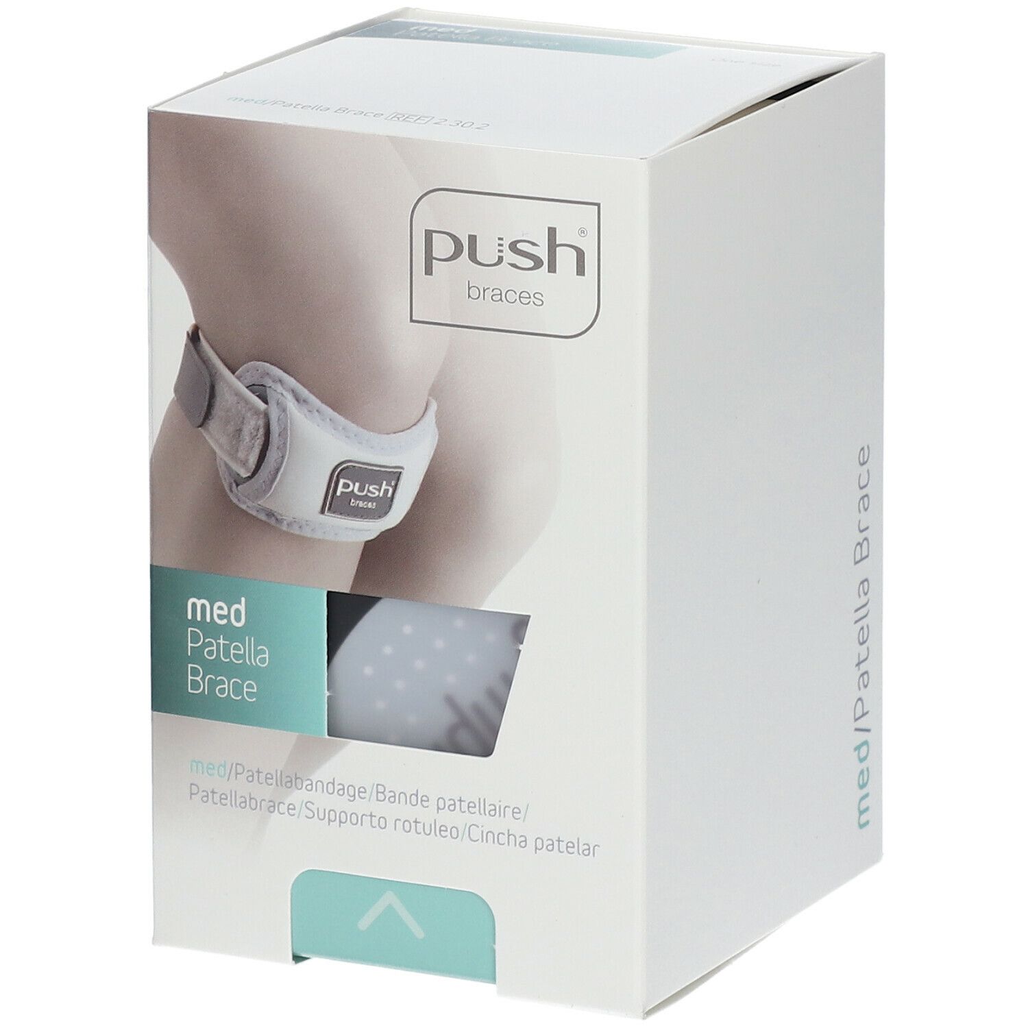 Verpackung der Push med Patellabandage. Aufdruck: med Patella Brace. Produktabbildung am Knie.