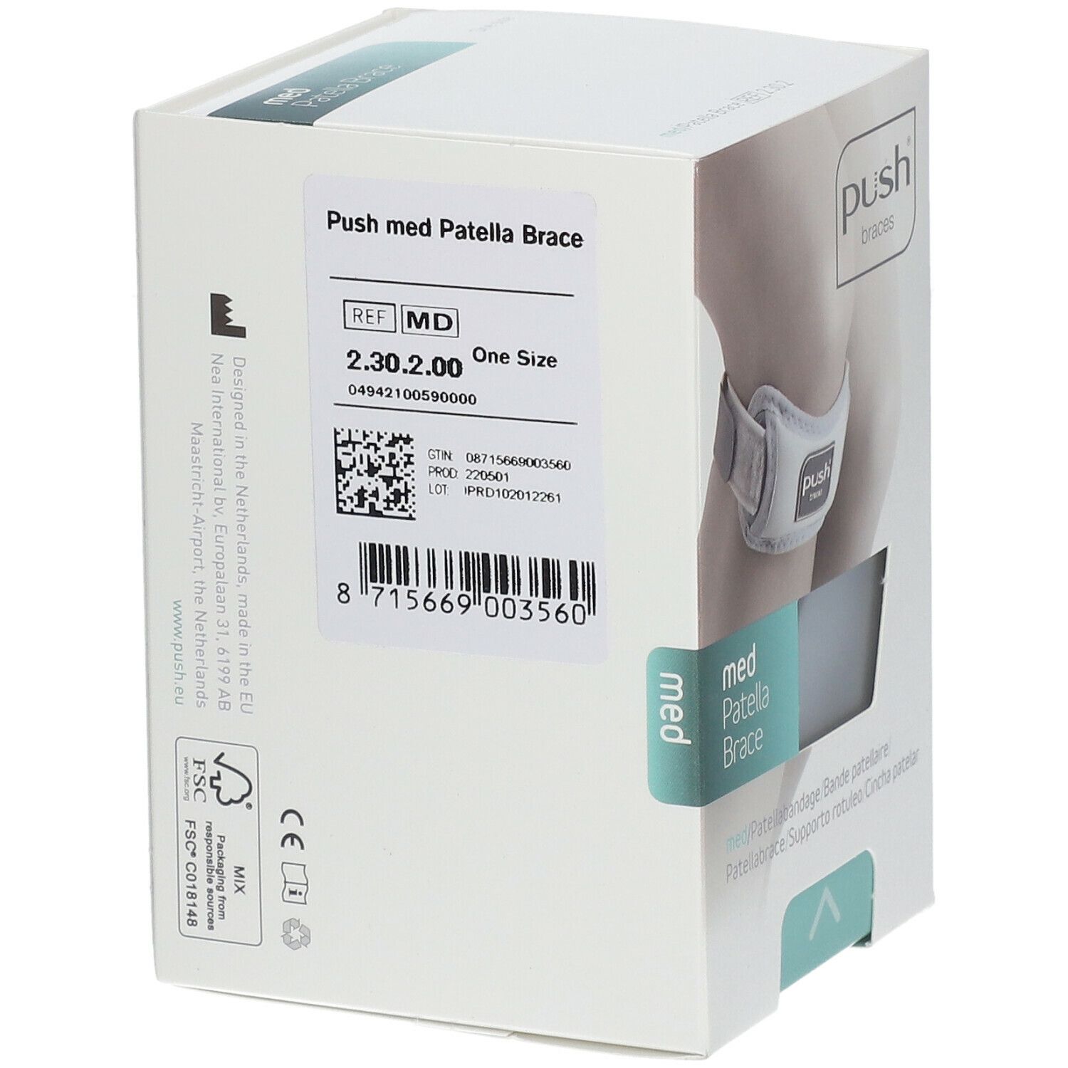 Verpackung der Push med Patellabandage. Aufdruck: Push braces, med Patella Brace. Rückseite mit Produktinformationen.