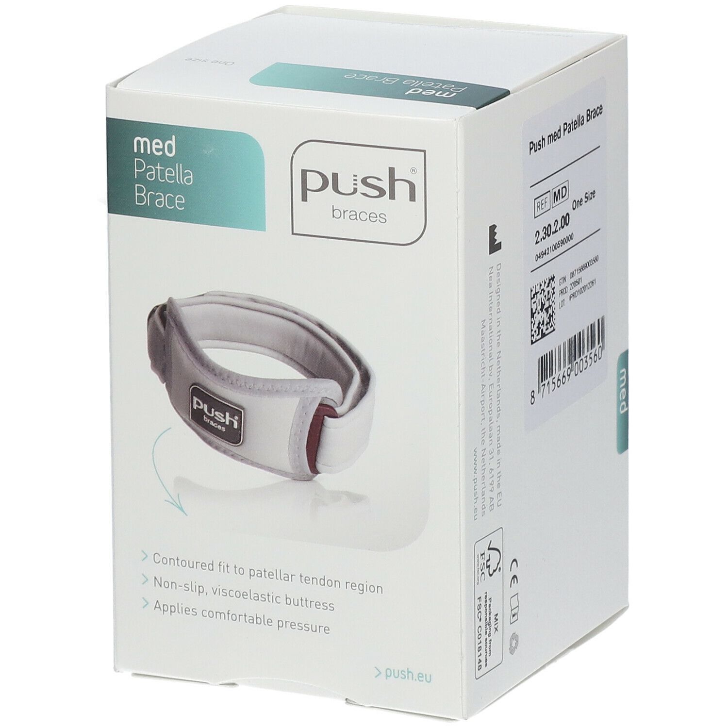 Verpackung der Push med Patellabandage. Aufdruck: Push braces, med Patella Brace. Produktabbildung.