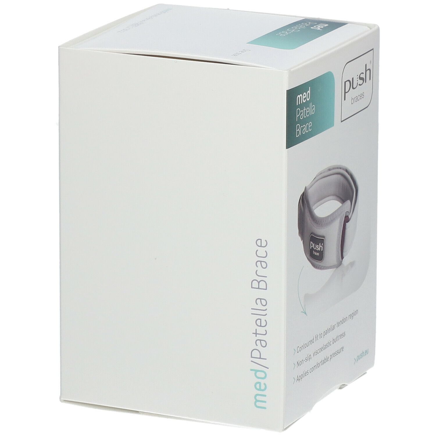 Verpackung der Push med Patellabandage. Aufdruck: med Patella Brace. Produktabbildung.