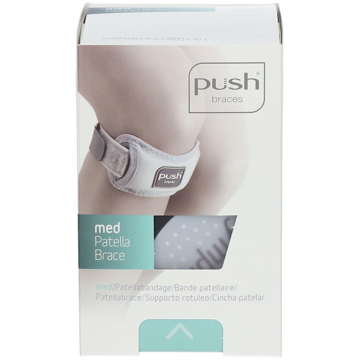 Verpackung der Push med Patellabandage. Aufdruck: med Patella Brace. Produktabbildung am Knie.