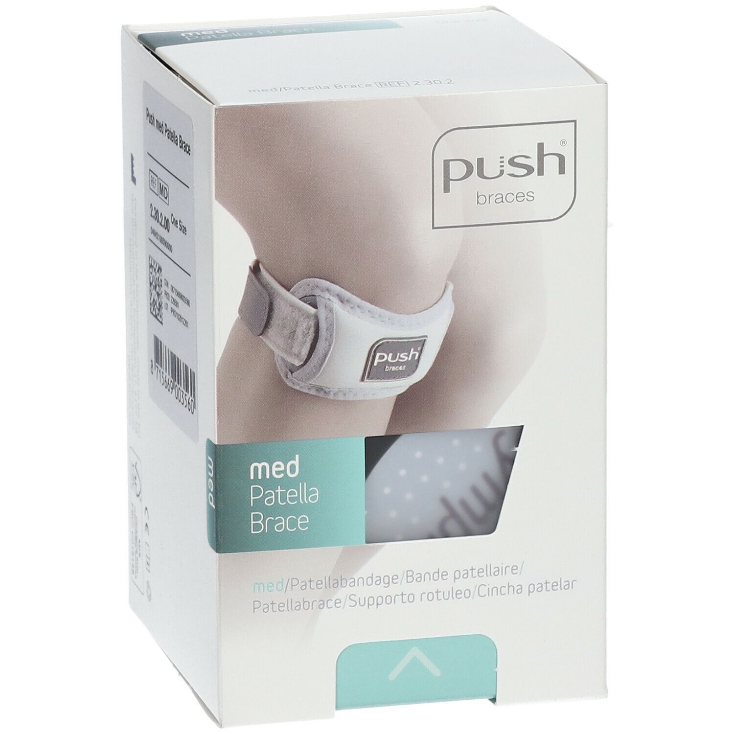 Verpackung der Push med Patellabandage. Aufdruck: Push braces, med Patella Brace. Produktabbildung am Knie.
