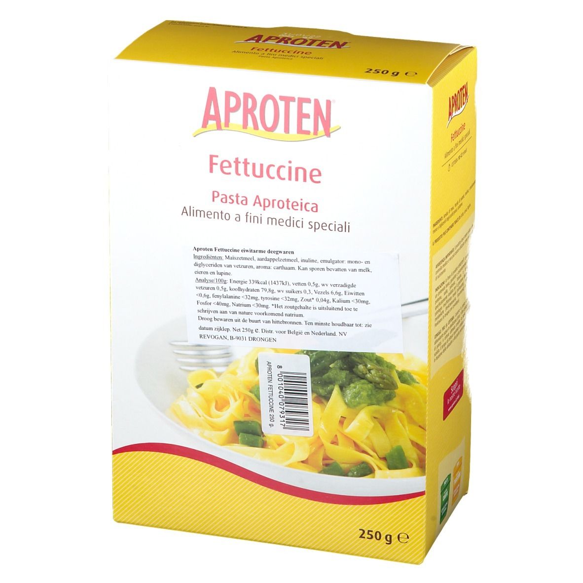 Gelbe Kartonverpackung mit APROTEN Fettuccine. Produktname, Nährwertangaben und Abbildung von Nudeln. 250g.