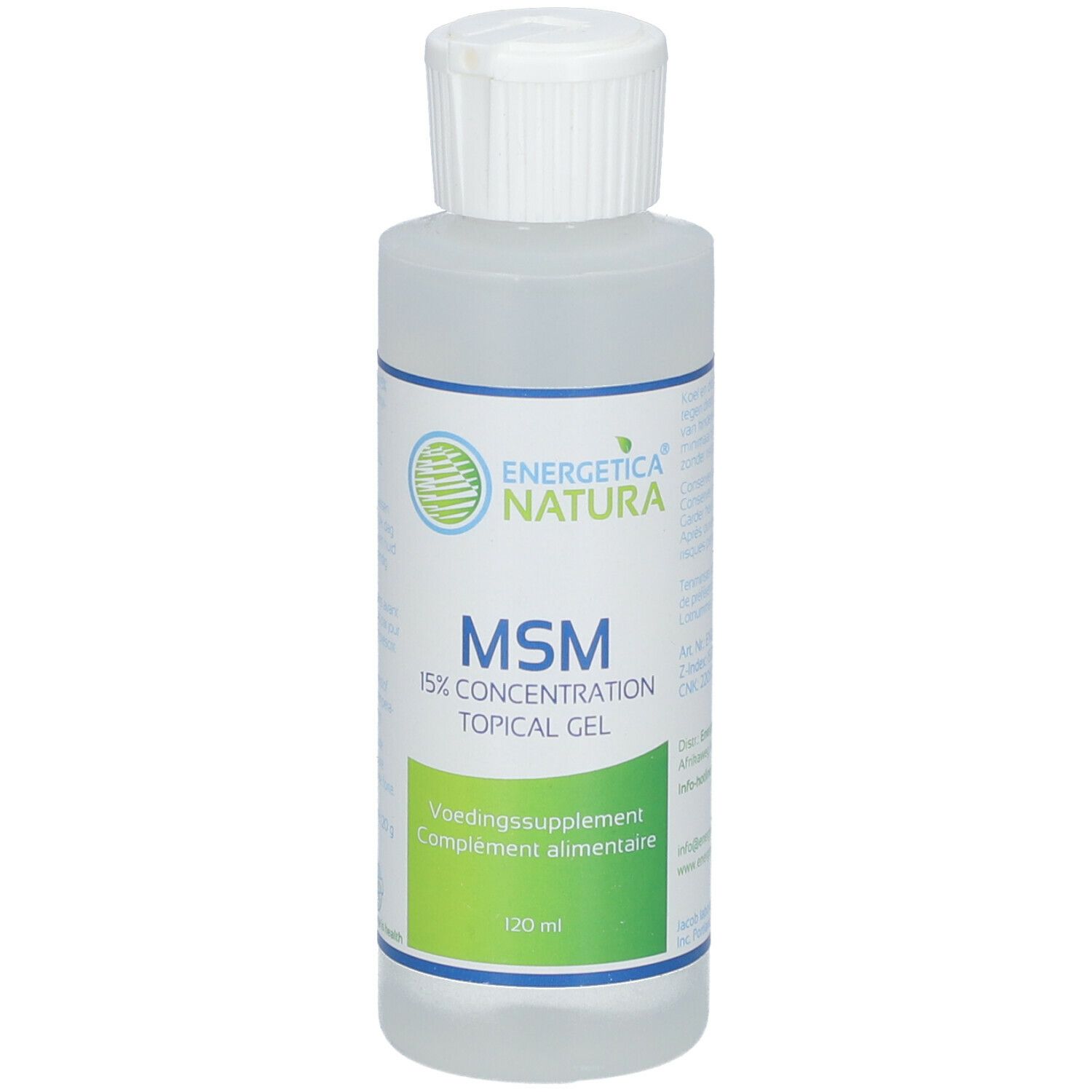 Klare Flasche mit weißem Deckel. Aufschrift: MSM 15% Concentration Topical Gel. Marke: Energetica Natura. Zusatz: Nahrungsergänzungsmittel.