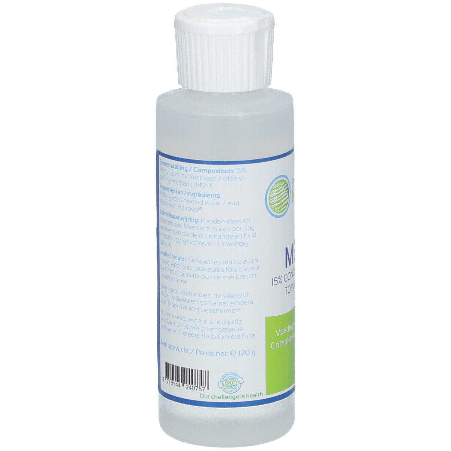 Rückseite der Flasche. Text in mehreren Sprachen. Marke: Energetica Natura. MSM 15% Concentration Topical Gel. Nahrungsergänzungsmittel. 120 ml.