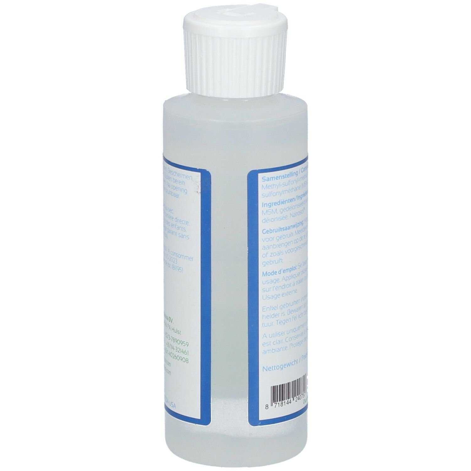 Rückseite der Flasche. Text in mehreren Sprachen. Marke: Energetica Natura. MSM 15% Concentration Topical Gel. Nahrungsergänzungsmittel. 120 ml.