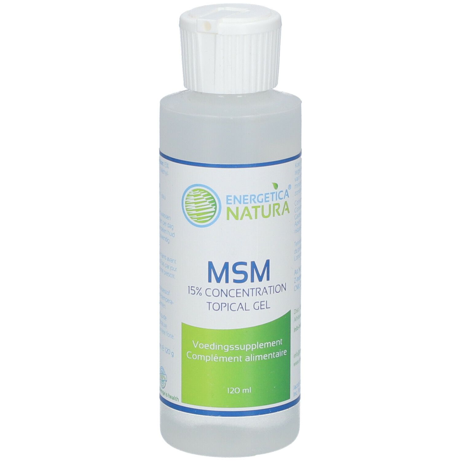 Klare Flasche mit weißem Deckel. Aufschrift: MSM 15% Concentration Topical Gel. Marke: Energetica Natura. Zusatz: Nahrungsergänzungsmittel.