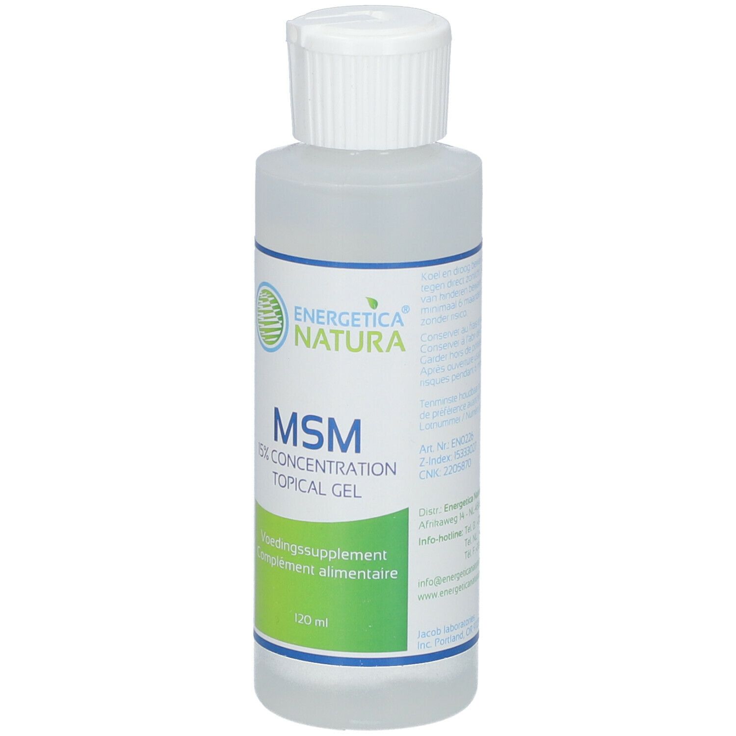 Klare Flasche mit weißem Deckel. Aufschrift: MSM 15% Concentration Topical Gel. Marke: Energetica Natura. Zusatz: Nahrungsergänzungsmittel. 120 ml.