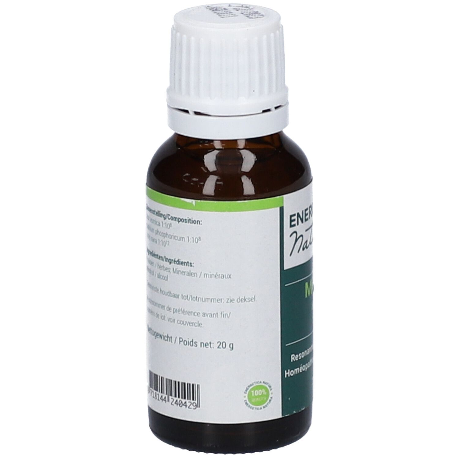 Braunglasflasche mit weißem Deckel. Etikett mit Inhaltsstoffen und Gewicht: 20 g. Aufschrift: ENERGETICA NATURA.