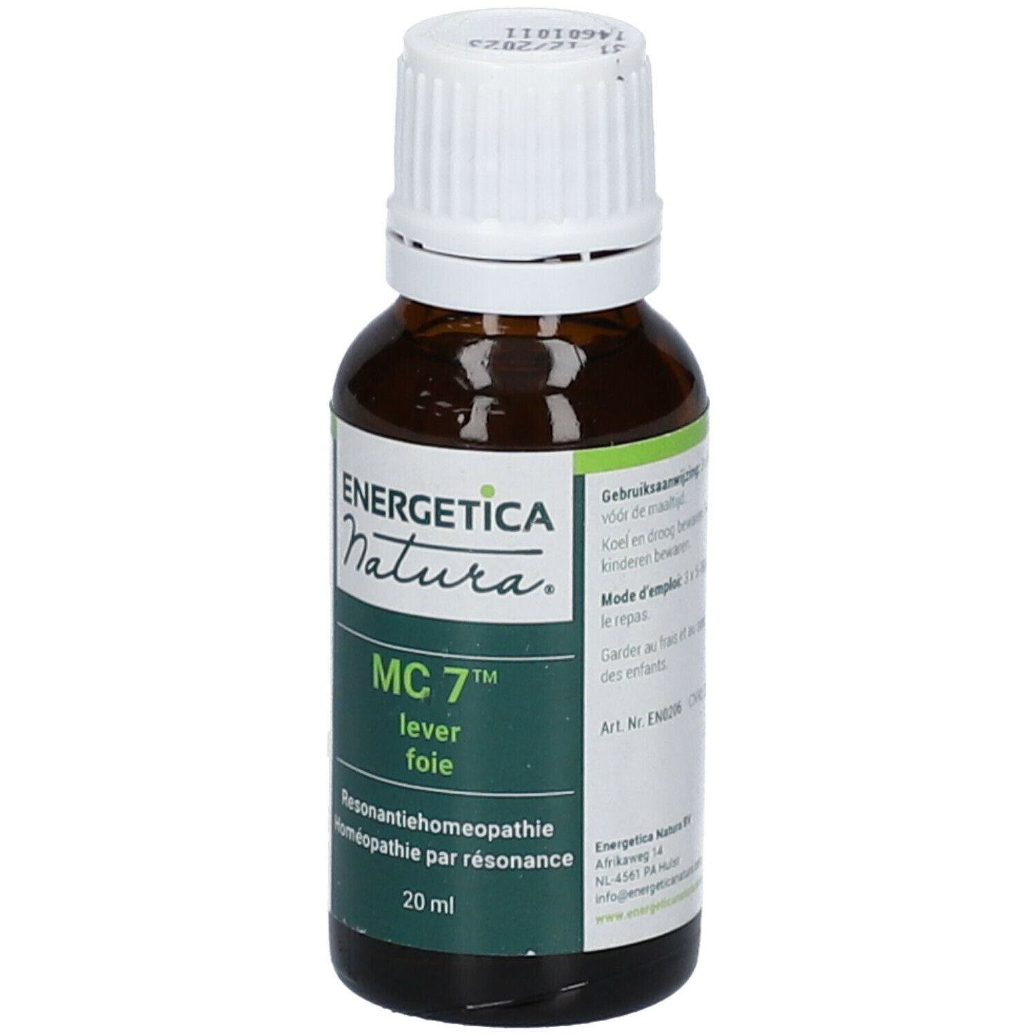 Braunglasflasche mit weißem Deckel. Aufschrift: ENERGETICA NATURA, MC 7, lever foie. 20 ml.