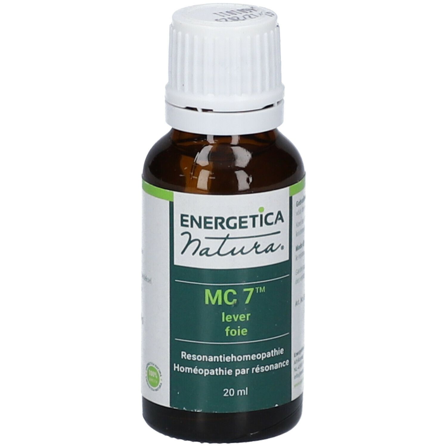 Braunglasflasche mit weißem Deckel. Etikett mit Gebrauchsanweisung. Aufschrift: ENERGETICA NATURA.