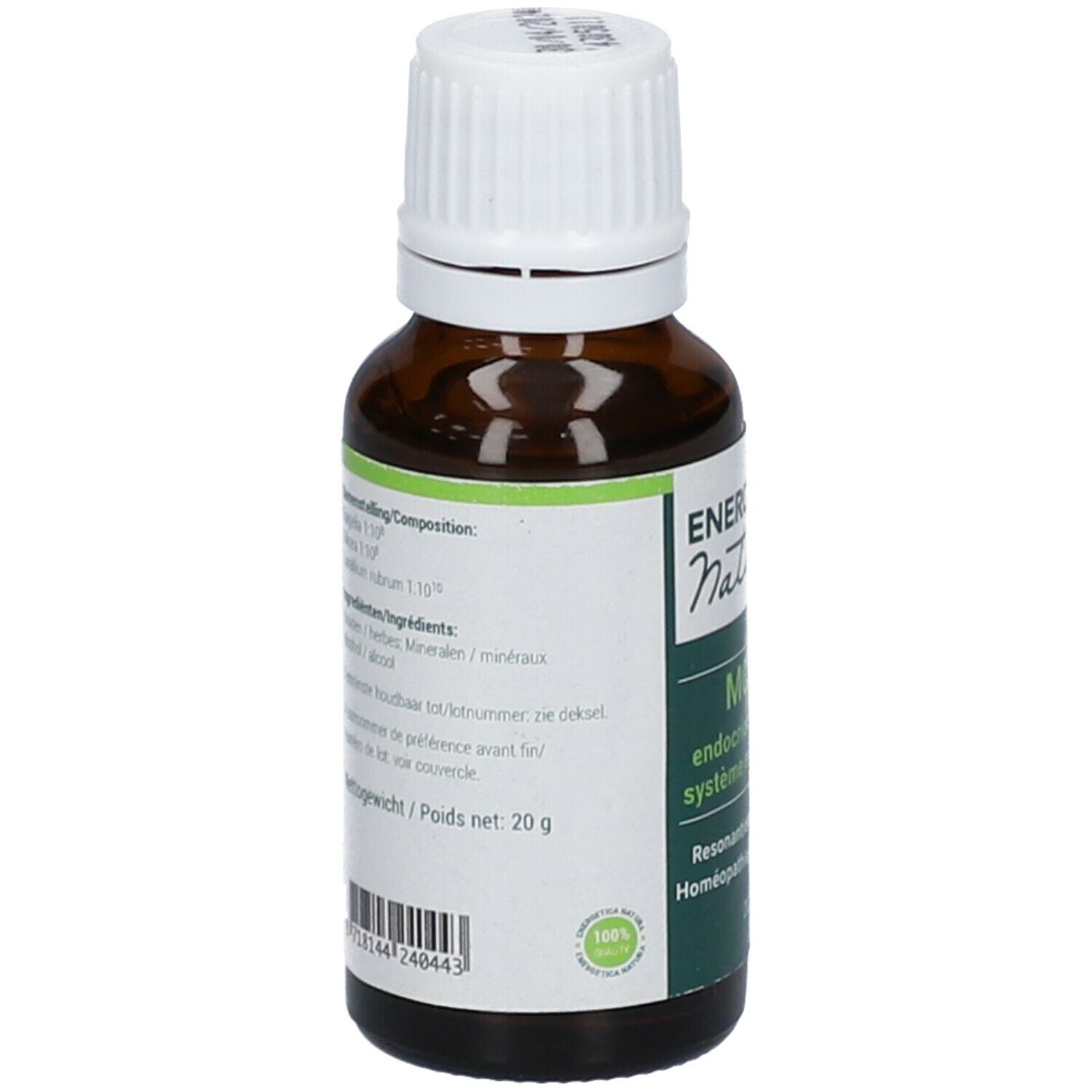 Braune Glasflasche mit weißem Deckel. Rückseite mit Etikett und Produktinformationen. Gewicht: 20 g.