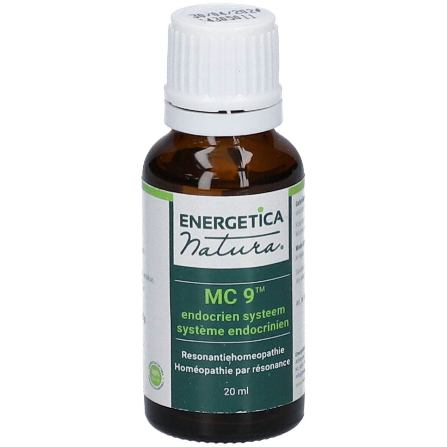 Braune Glasflasche mit weißem Deckel. Etikett mit Produktinformationen und Marke Energetica Natura. MC 9.