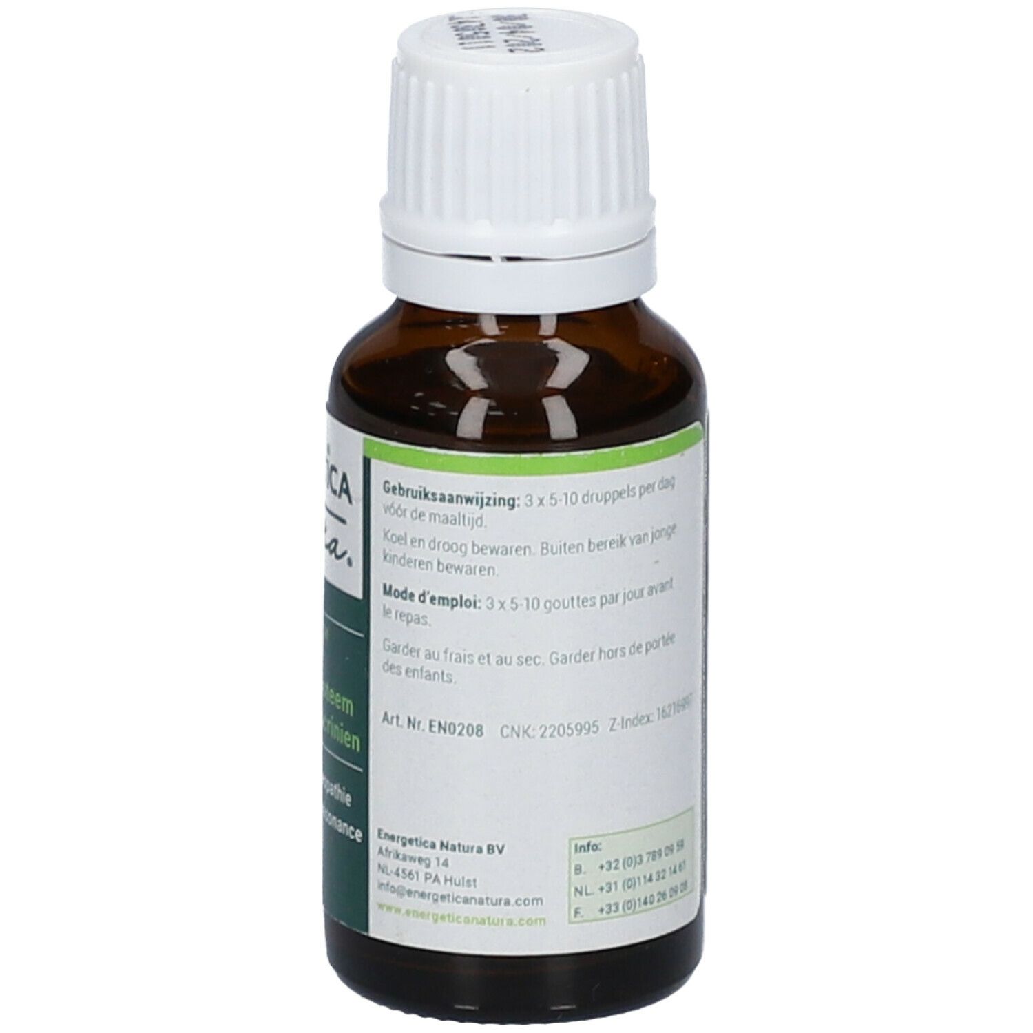 Braune Glasflasche mit weißem Deckel. Etikett mit Gebrauchsanweisung und Marke Energetica Natura.