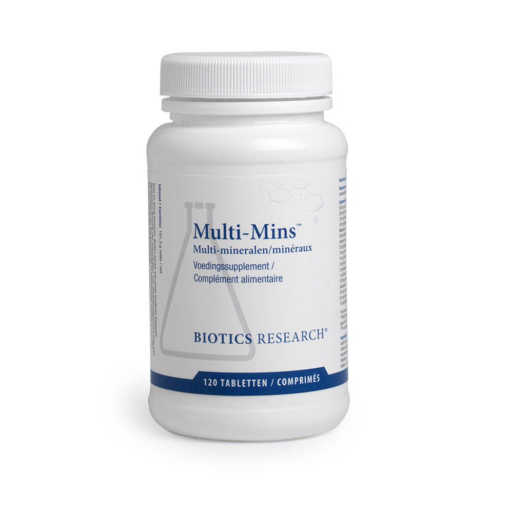 Weiße Flasche Multi-Mins BIOTICS RESEARCH. Aufschrift: Multi-Mineralien, 120 Tabletten. Auf weißem Hintergrund.