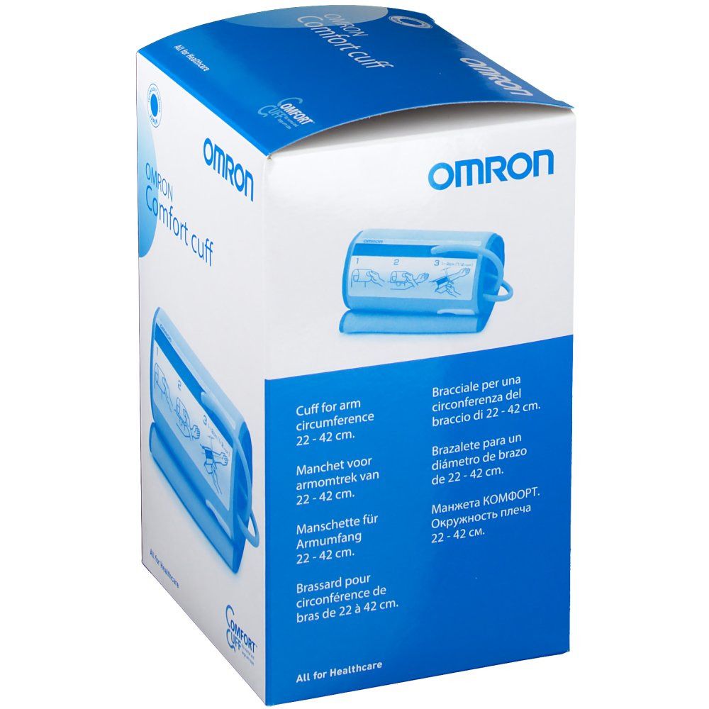 OMRON Komfort Manschette in Verpackung. Blaue Manschette, 22-42 cm Armumfang. OMRON-Logo und Produktname auf der Verpackung.