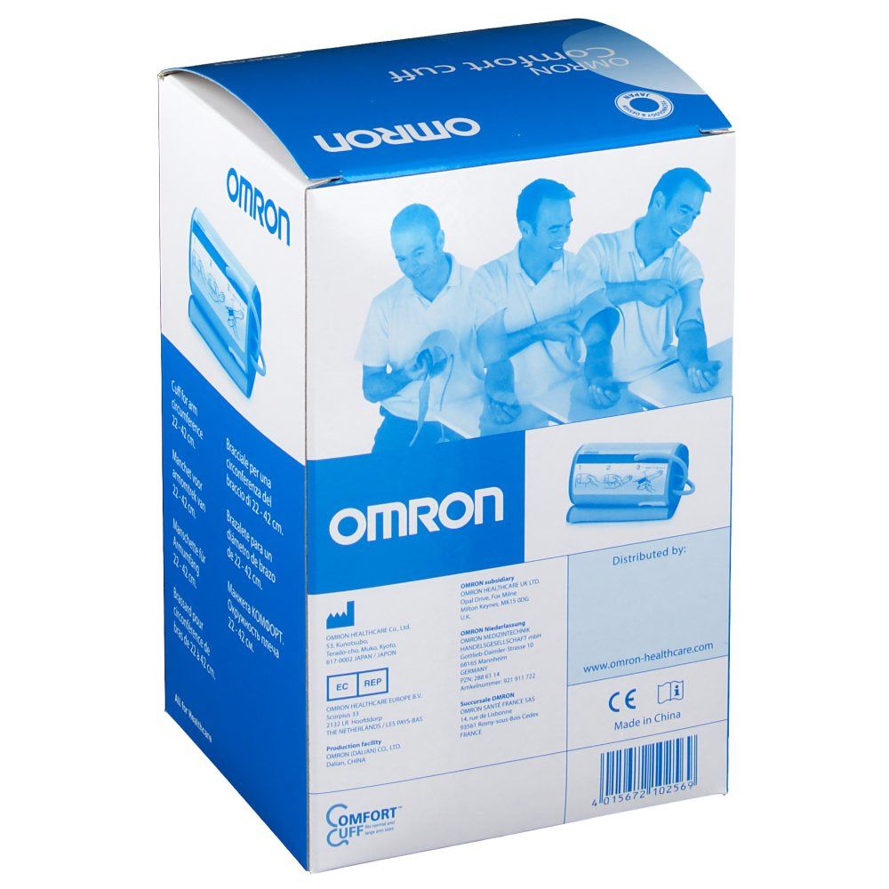 OMRON Komfort Manschette Verpackung. Blaue Verpackung mit Produktabbildung und Text. OMRON-Logo und Produktinformationen.