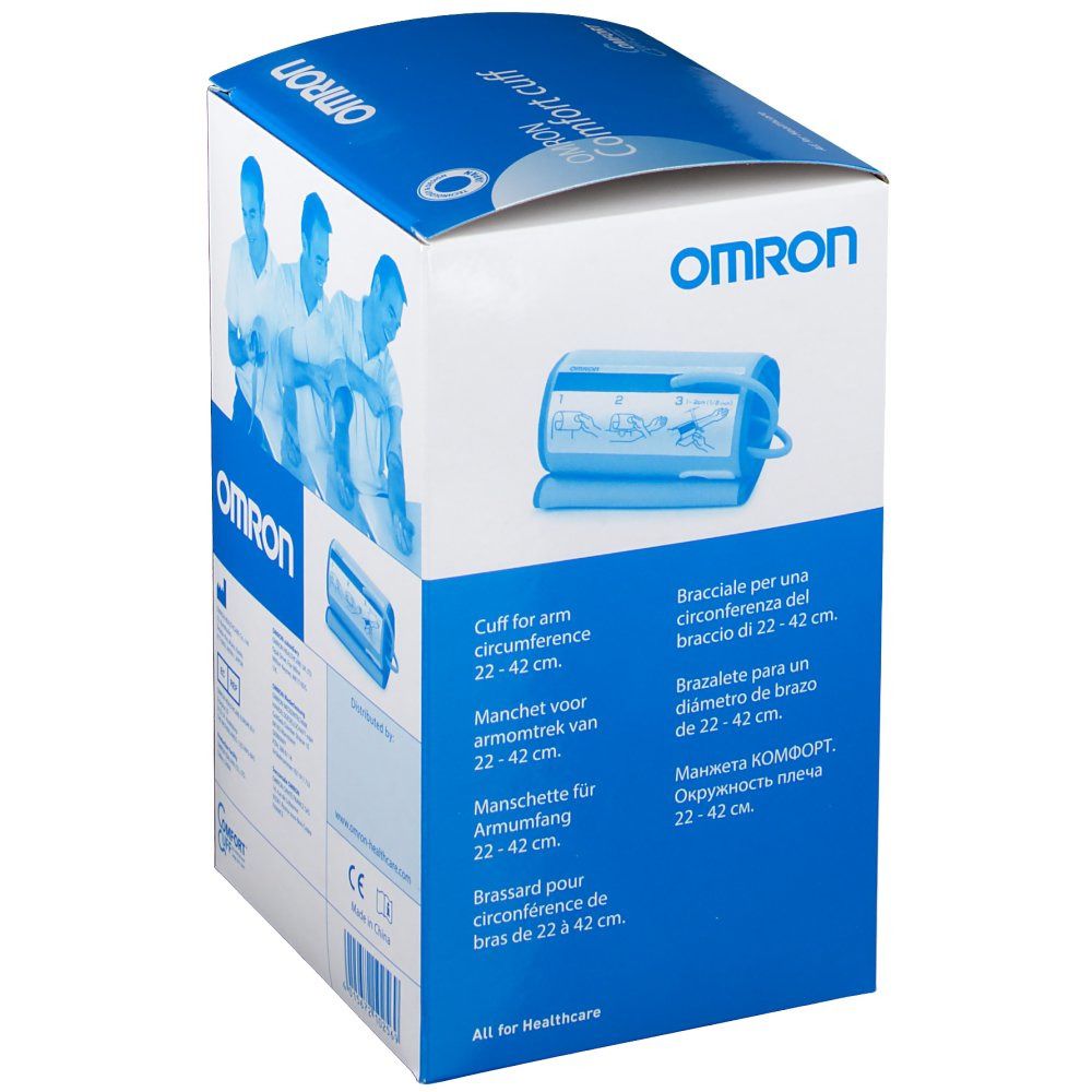 OMRON Komfort Manschette Verpackung. Blaue Verpackung mit Produktabbildung und Text. OMRON-Logo und Produktinformationen.