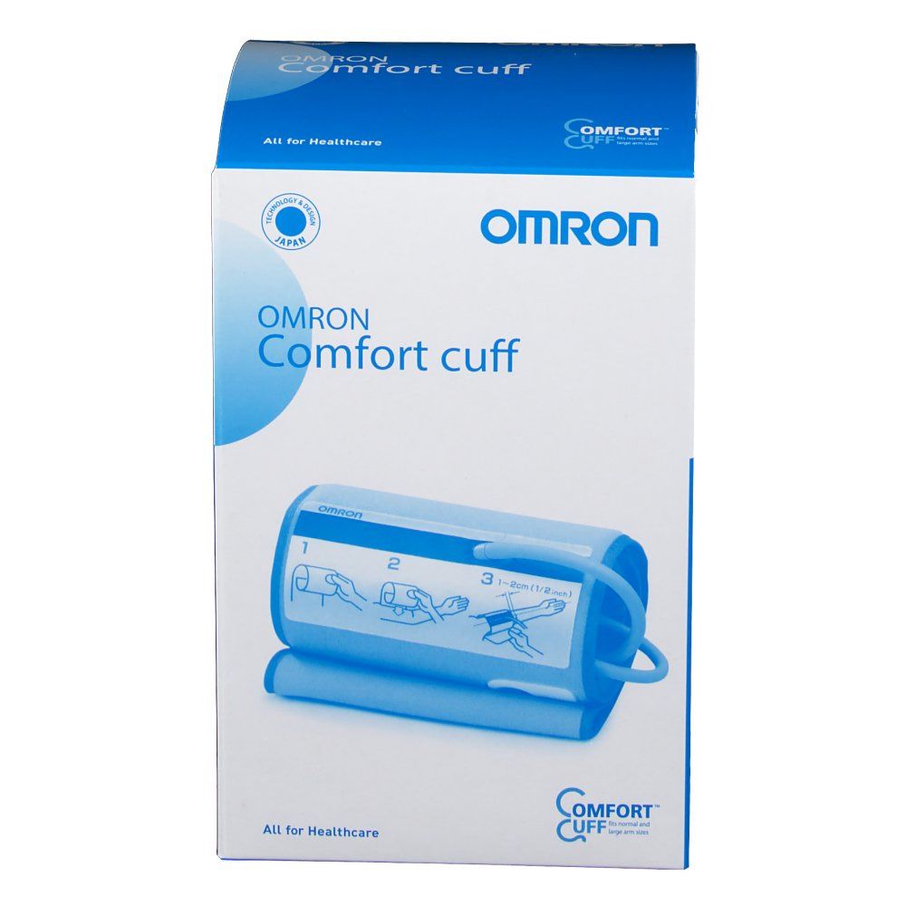 OMRON Komfort Manschette in Verpackung. Blaue Manschette, 22-42 cm Armumfang. OMRON-Logo und Produktname auf der Verpackung.