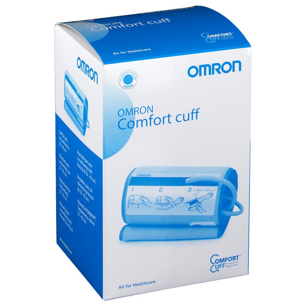 OMRON Komfort Manschette in Verpackung. Blaue Manschette, 22-42 cm Armumfang. OMRON-Logo und Produktname auf der Verpackung.
