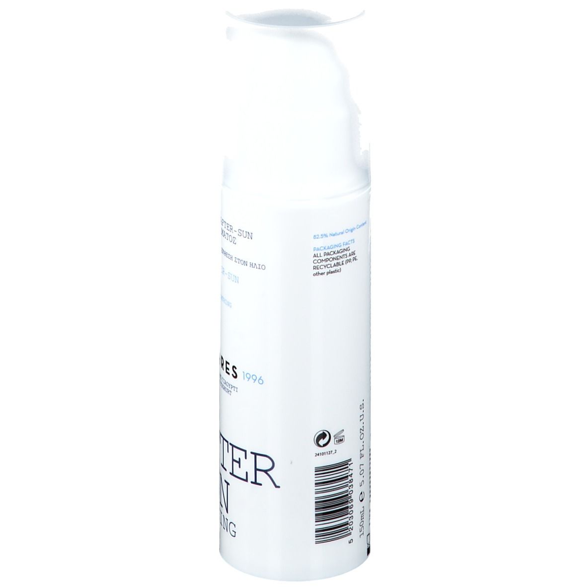 KORRES After Sun Creme-Gel. Weiße Flasche mit Pumpkopf. Text und Barcode auf der Flasche.