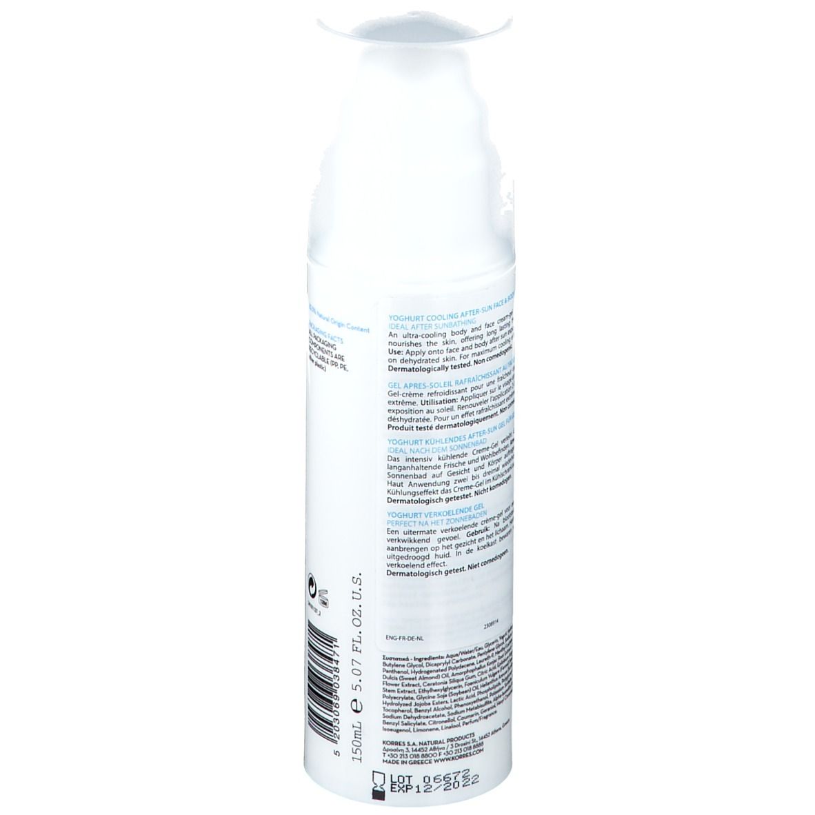 KORRES After Sun Creme-Gel. Rückseite der weißen Flasche mit Text. Inhaltsstoffe und Anwendungshinweise.