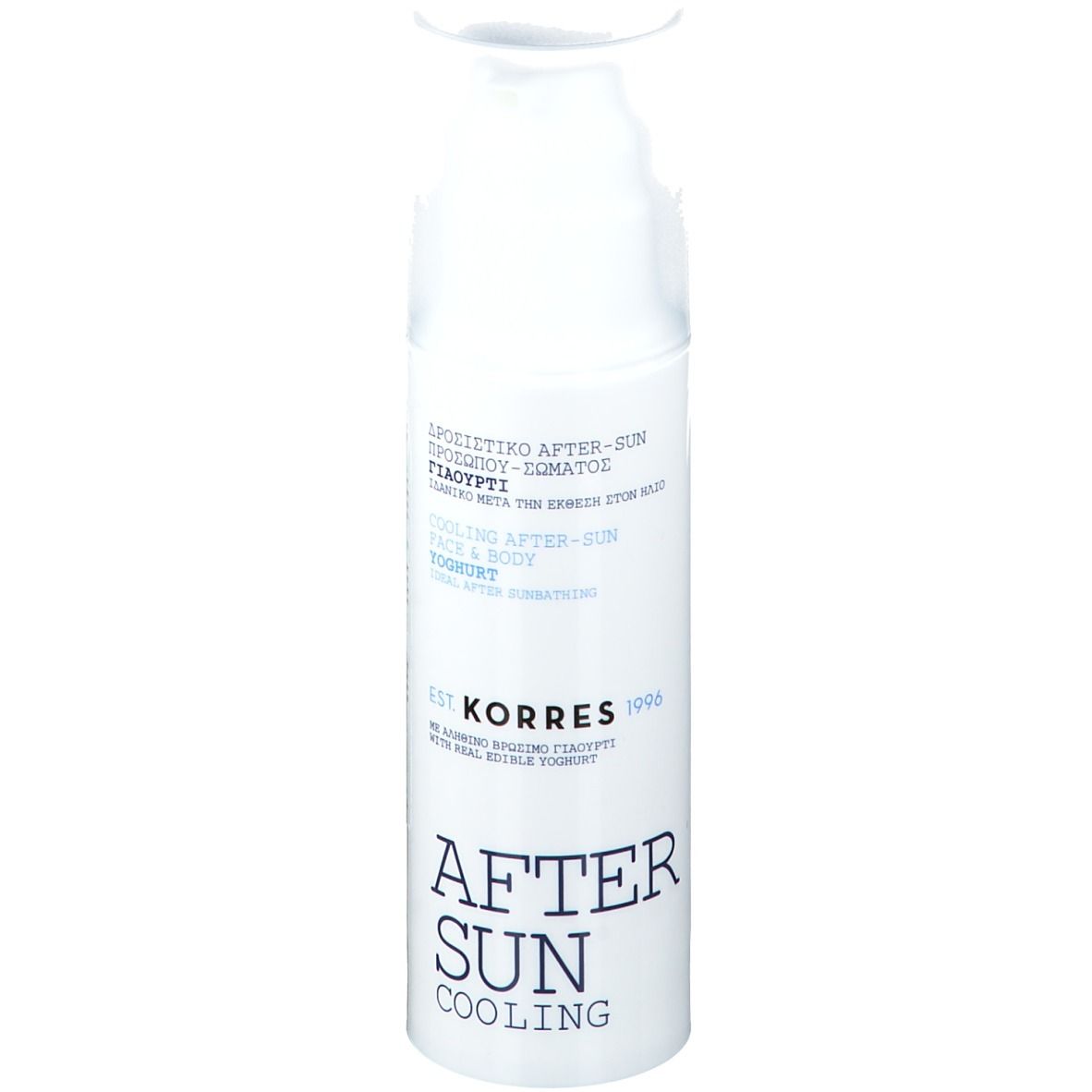 KORRES After Sun Creme-Gel. Weiße Flasche mit blauem Text. Aufschrift: After Sun Cooling.