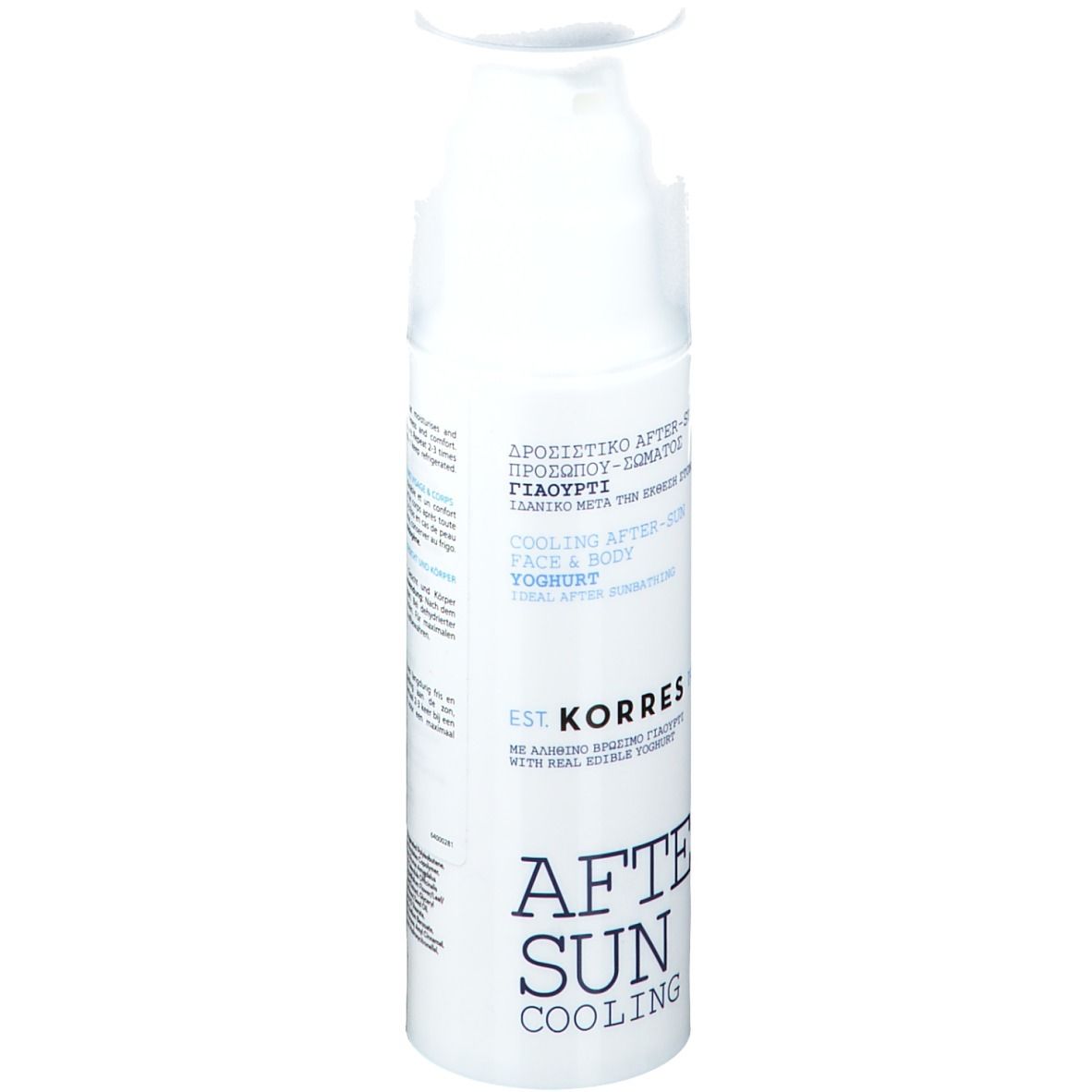 KORRES After Sun Creme-Gel. Weiße Flasche mit blauem Text. Aufschrift: After Sun Cooling.