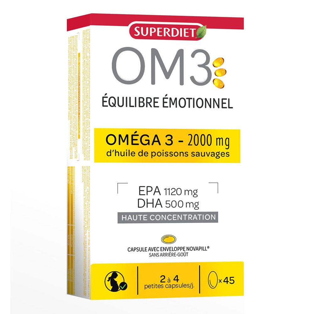 Verpackung von OM3 Equilibre émotionnel Kapseln mit Omega-3-Fettsäuren, 2000 mg.