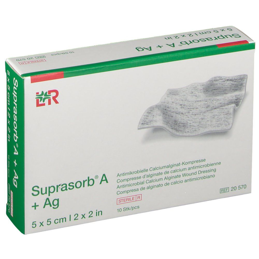 Verpackung von Suprasorb A + Ag, 5 x 5 cm. Antimikrobielle Calciumalginat-Kompresse. 10 Stück. Steril.