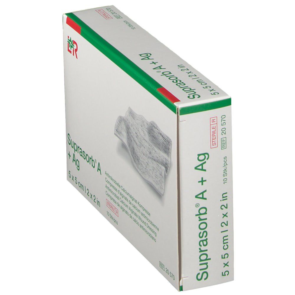 Schräg gestellte Verpackung von Suprasorb A + Ag, 5 x 5 cm. Antimikrobielle Calciumalginat-Kompresse. 10 Stück. Steril.
