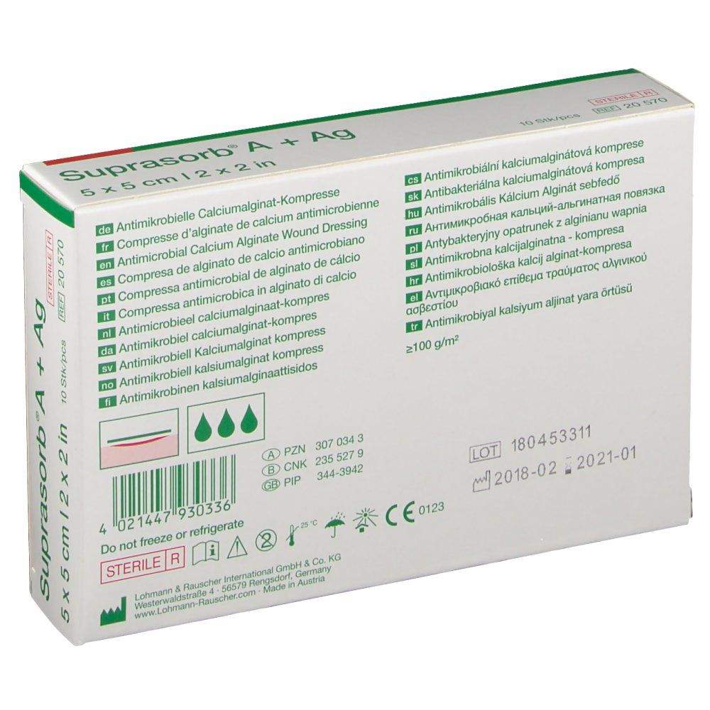 Rückseite der Verpackung von Suprasorb A + Ag, 5 x 5 cm. Mehrsprachige Produktinformationen. Steril. Chargennummer und Verfallsdatum.