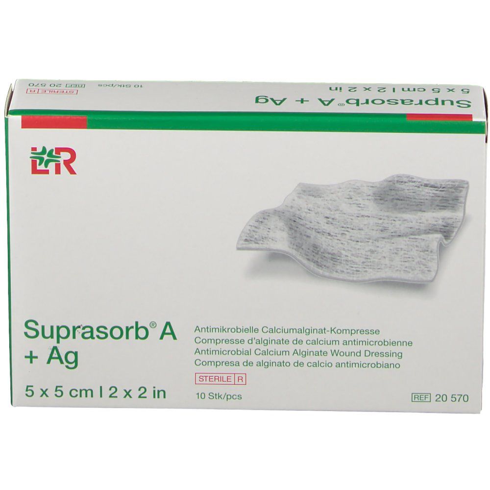 Verpackung von Suprasorb A + Ag, 5 x 5 cm. Antimikrobielle Calciumalginat-Kompresse. 10 Stück. Steril.