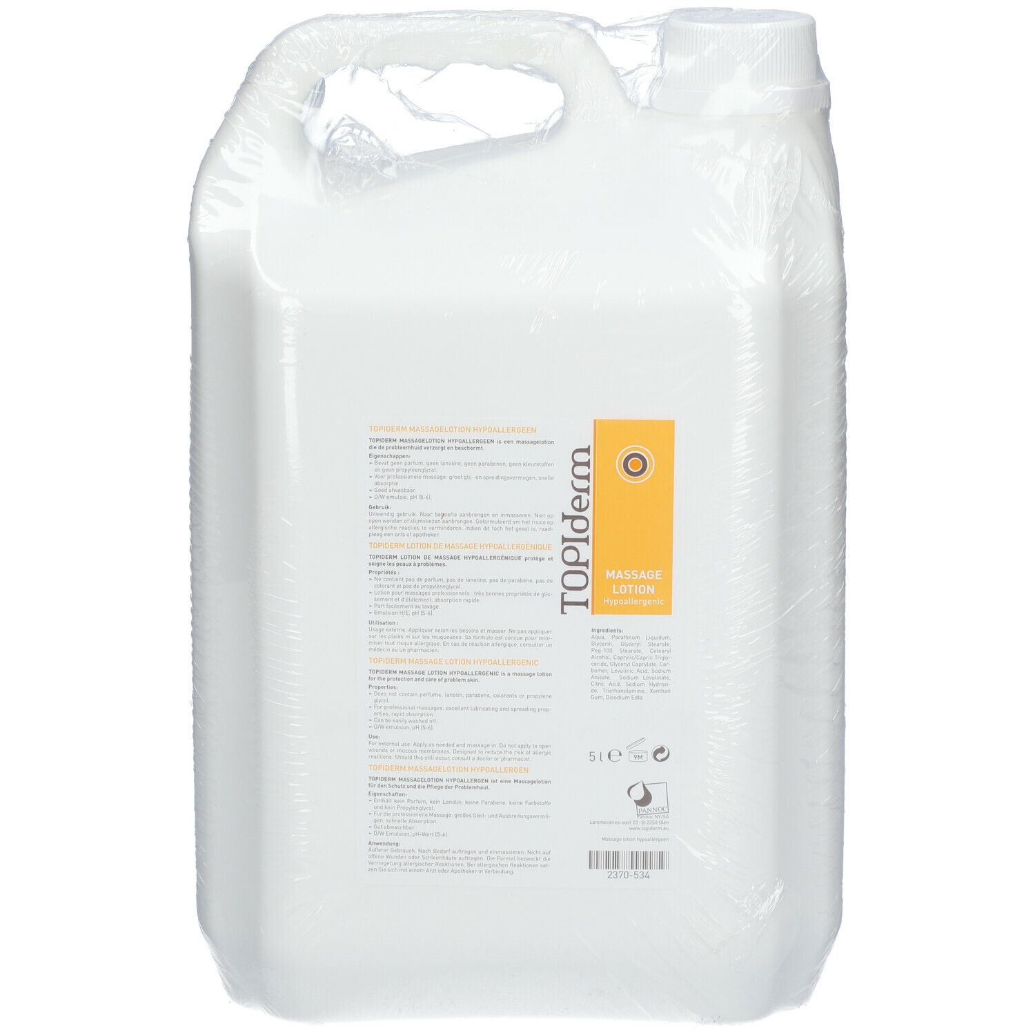 Weißer Kanister mit Griff und Etikett. Auf dem Etikett steht TOPIderm Massage Lotion.