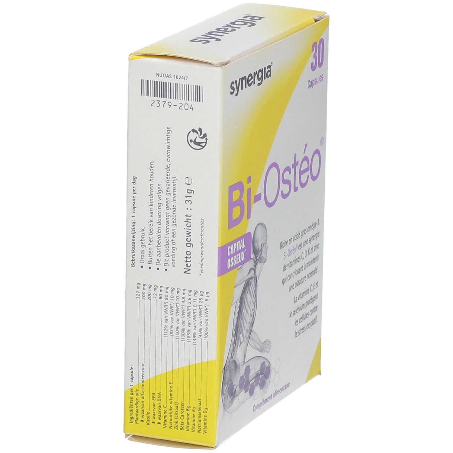 Seitenansicht der Bi-Ostéo-Verpackung. Enthält Informationen über Inhaltsstoffe und Nährwerte. Marke Synergia.