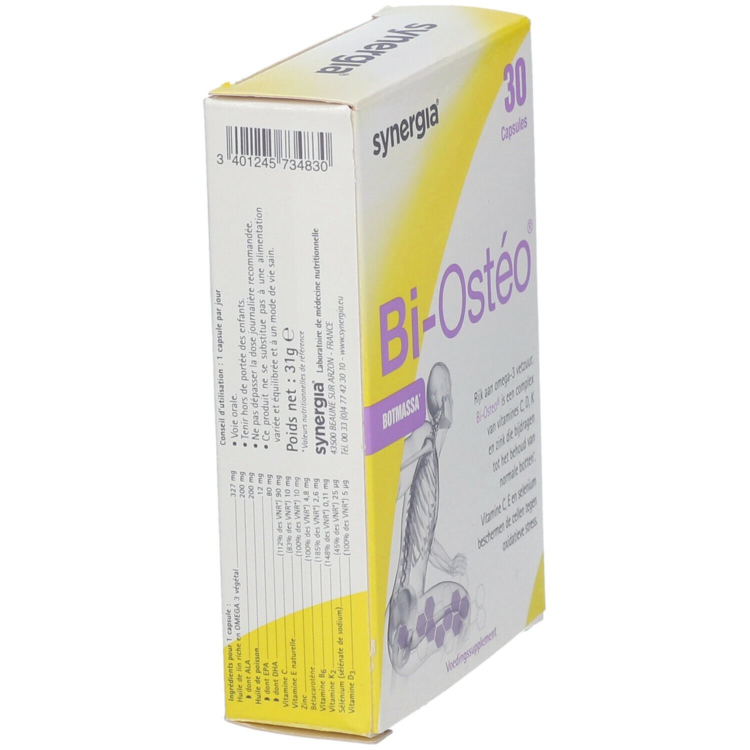 Seitenansicht der Bi-Ostéo-Verpackung. Enthält Informationen über Inhaltsstoffe und Nährwerte. Marke Synergia.