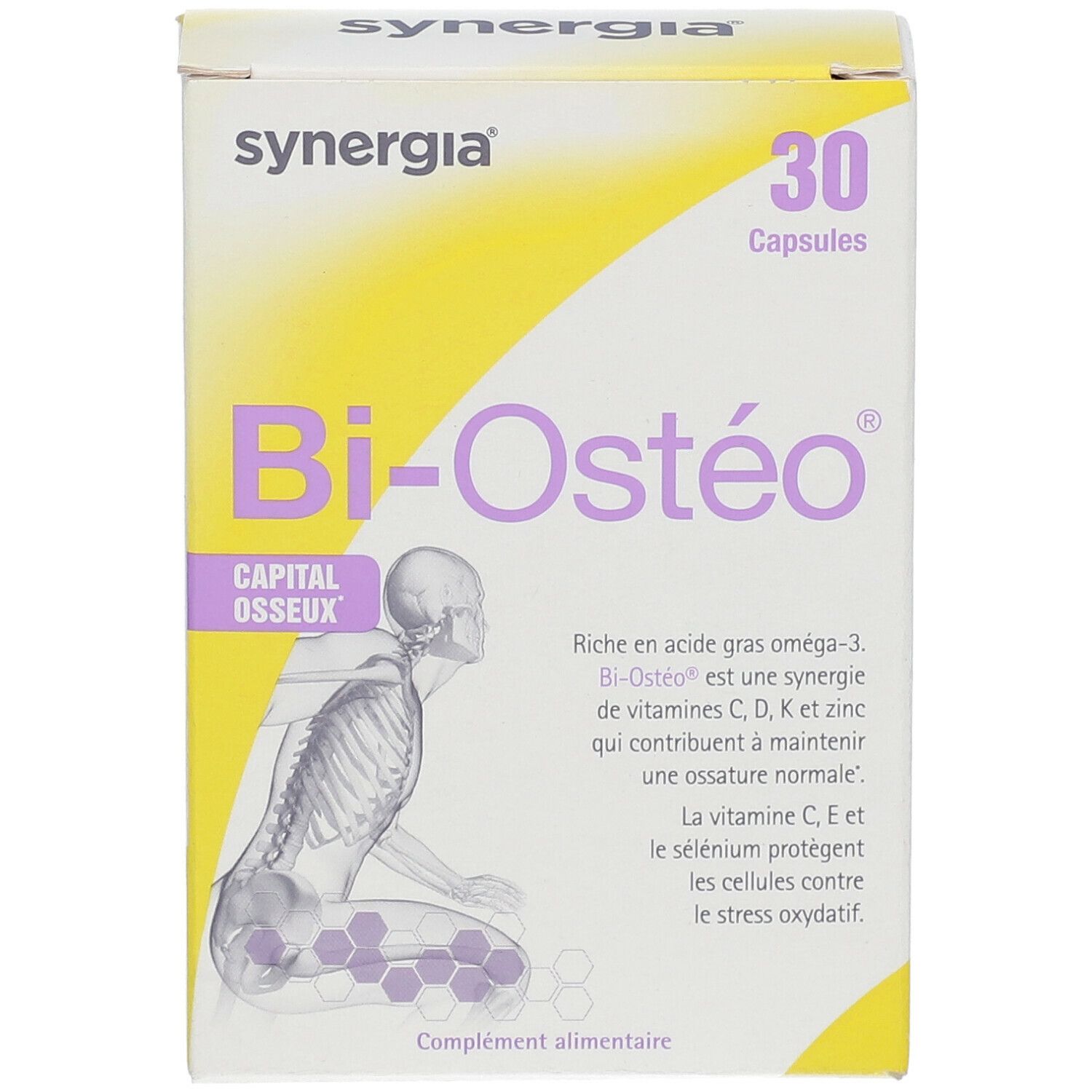Bi-Ostéo-Verpackung mit 30 Kapseln. Enthält eine Abbildung eines menschlichen Skeletts. Marke Synergia.