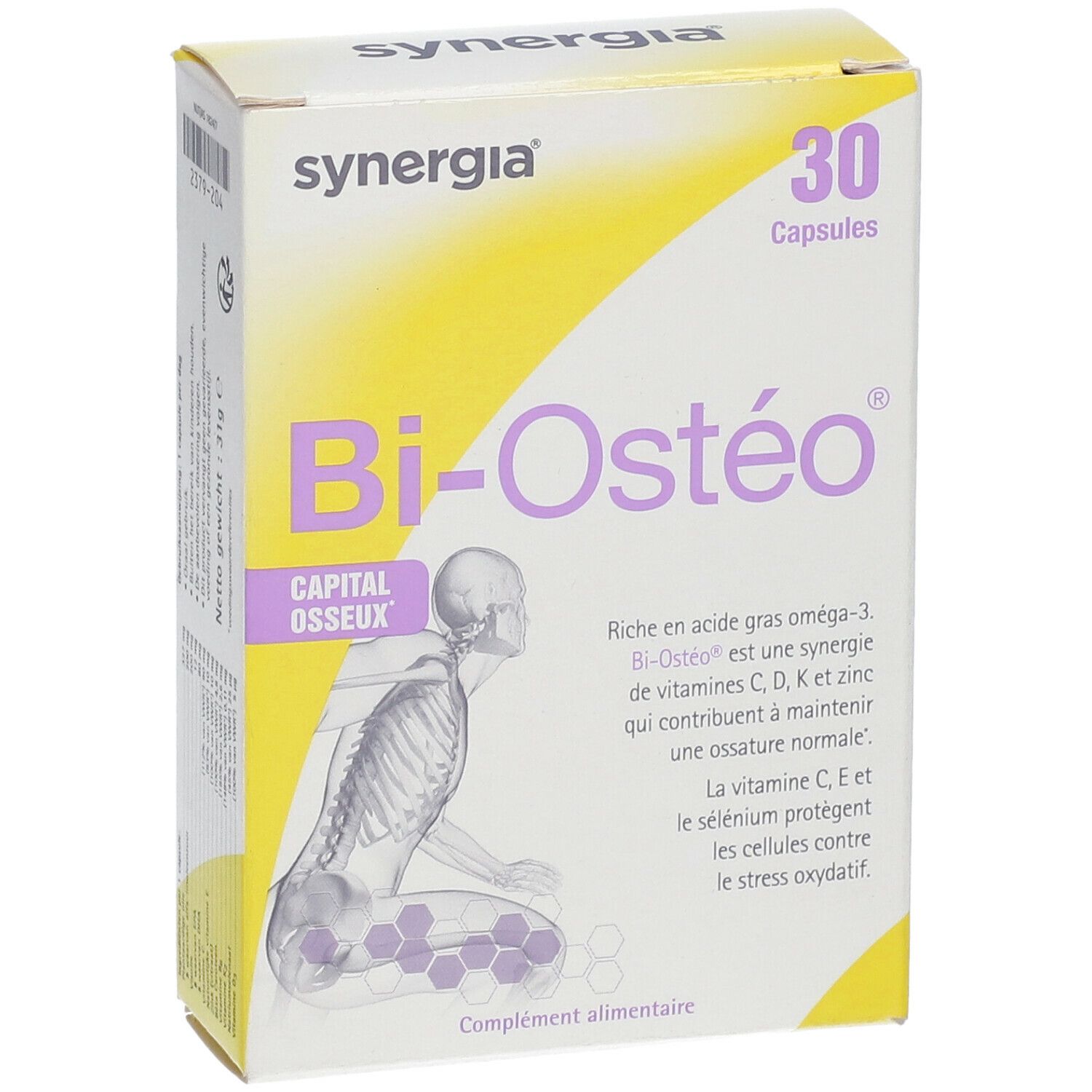 Bi-Ostéo-Verpackung mit 30 Kapseln. Enthält eine Abbildung eines menschlichen Skeletts. Marke Synergia.