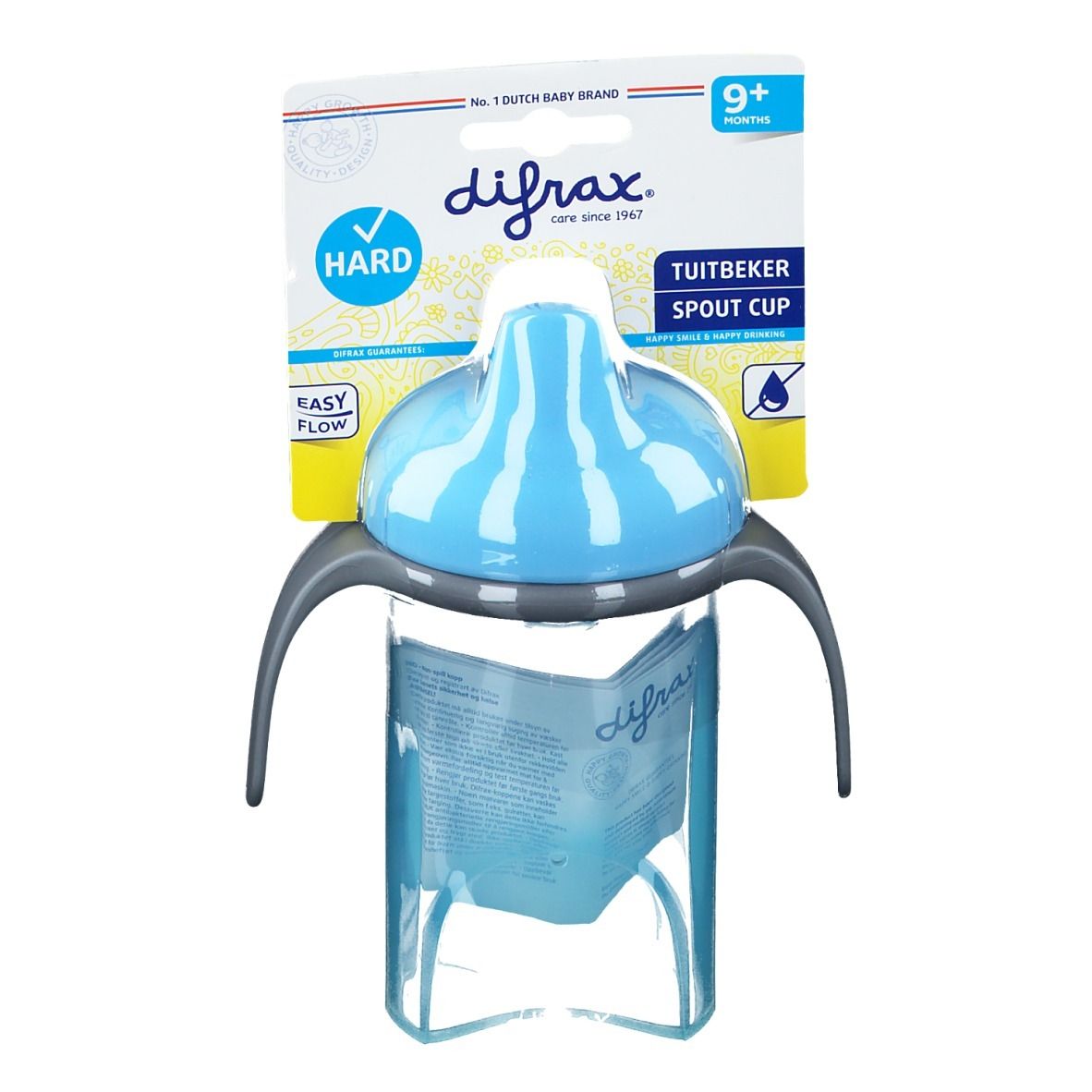 Blauer Trinkbecher mit hartem Ausguss und Griffen. Verpackung mit Produktnamen und Altersempfehlung 9+ Monate.