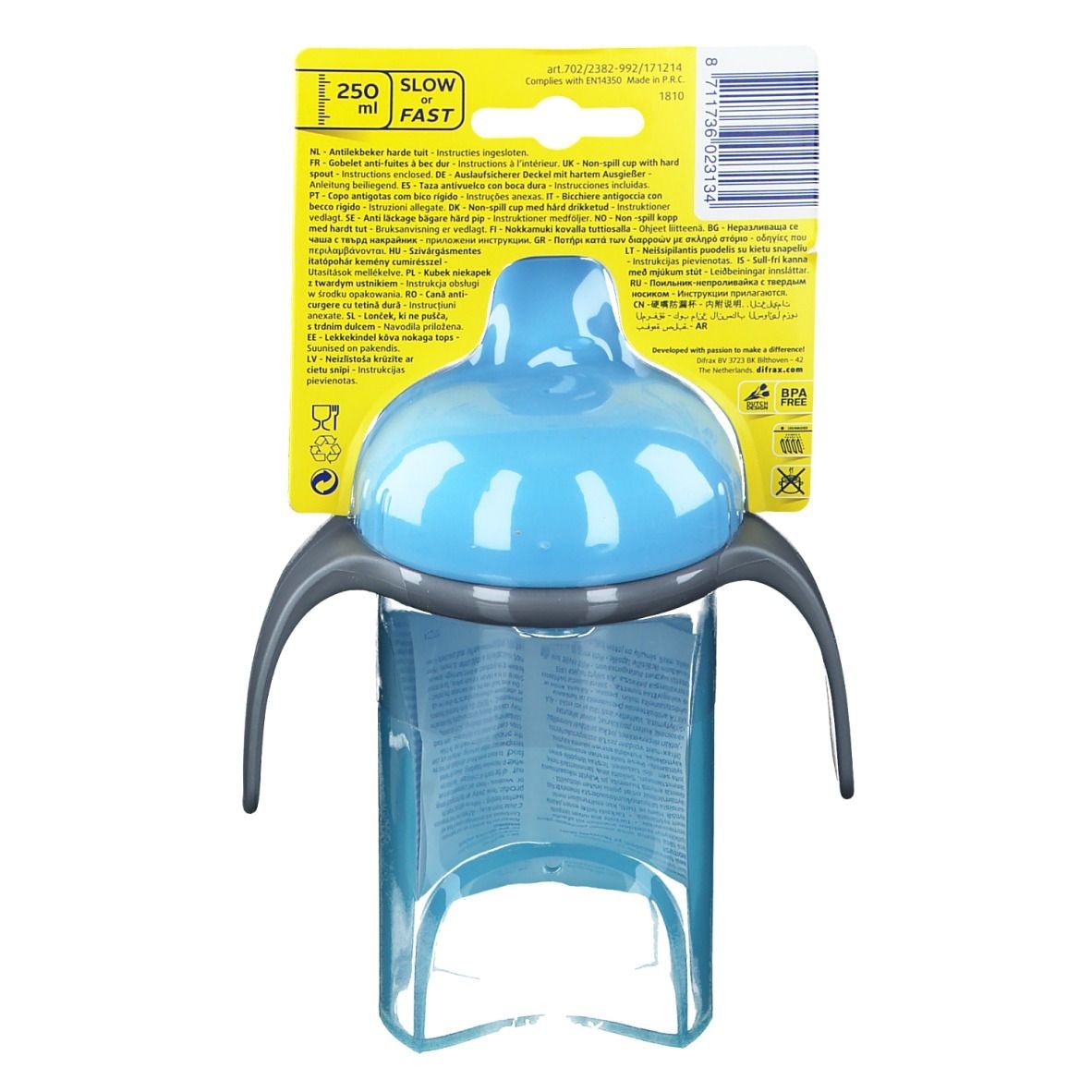 Rückseite der Verpackung des blauen Trinkbechers mit hartem Ausguss. Informationen in verschiedenen Sprachen.