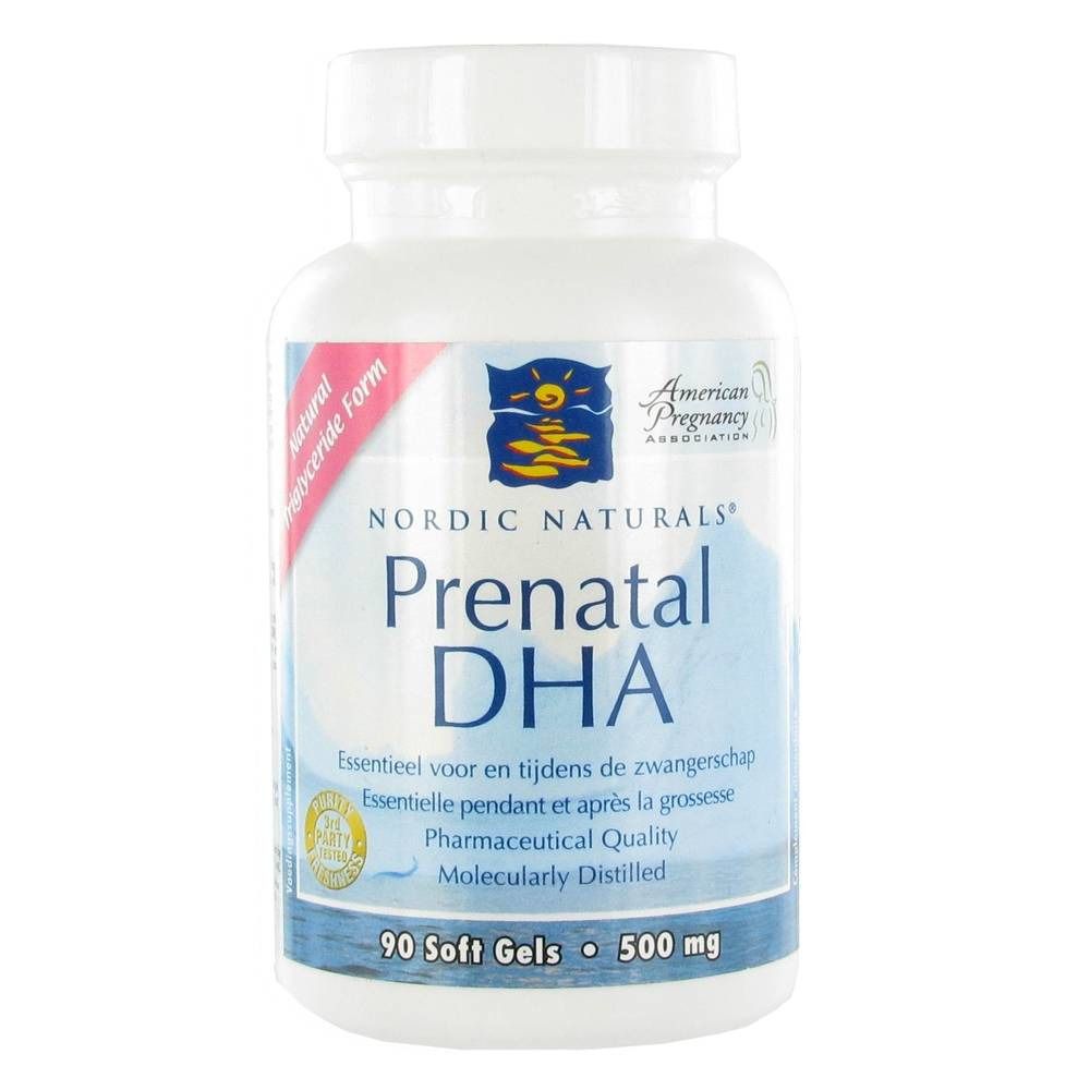 Weißes Fläschchen mit blauer und rosa Beschriftung. Aufschrift: Prenatal DHA, 90 Softgels, 500 mg. Marke: Nordic Naturals.