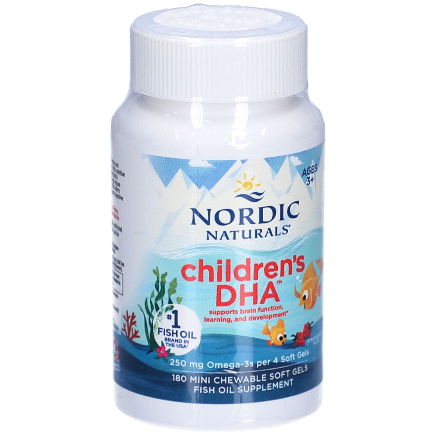 Weiße Flasche mit Kapseln. Aufschrift: Nordic Naturals, Children's DHA. Enthält 180 Mini-Kautabletten. Für Kinder ab 3 Jahren.