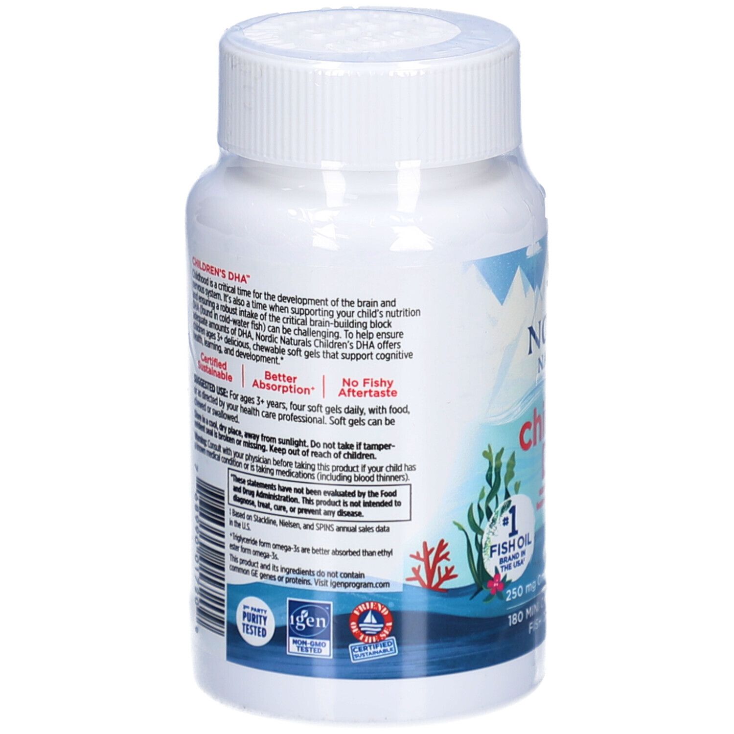 Weiße Flasche mit Kapseln. Aufschrift: Nordic Naturals, DHA Junior. Enthält 250 mg Omega-3. Mit Nährwertangaben auf der Rückseite.